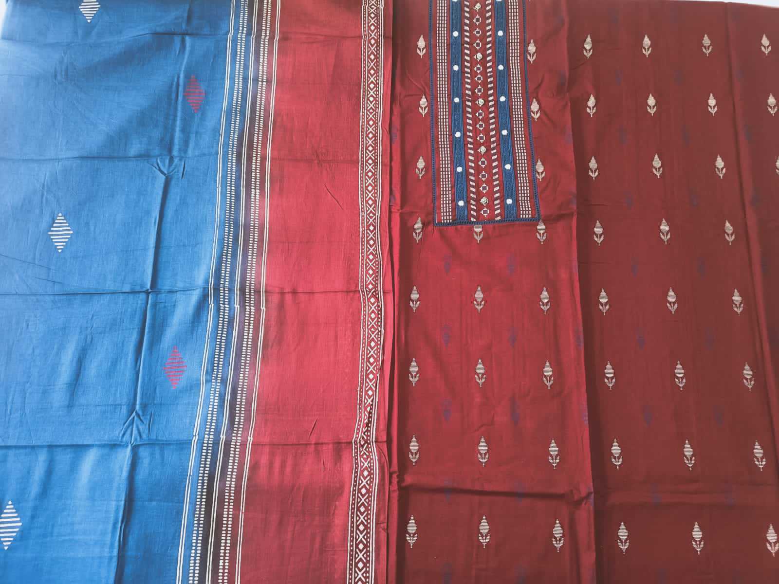 MAROON - HANDLOOM COTTON - 3 PC SUIT SET - TOP,BOTTOM & DUPATTA