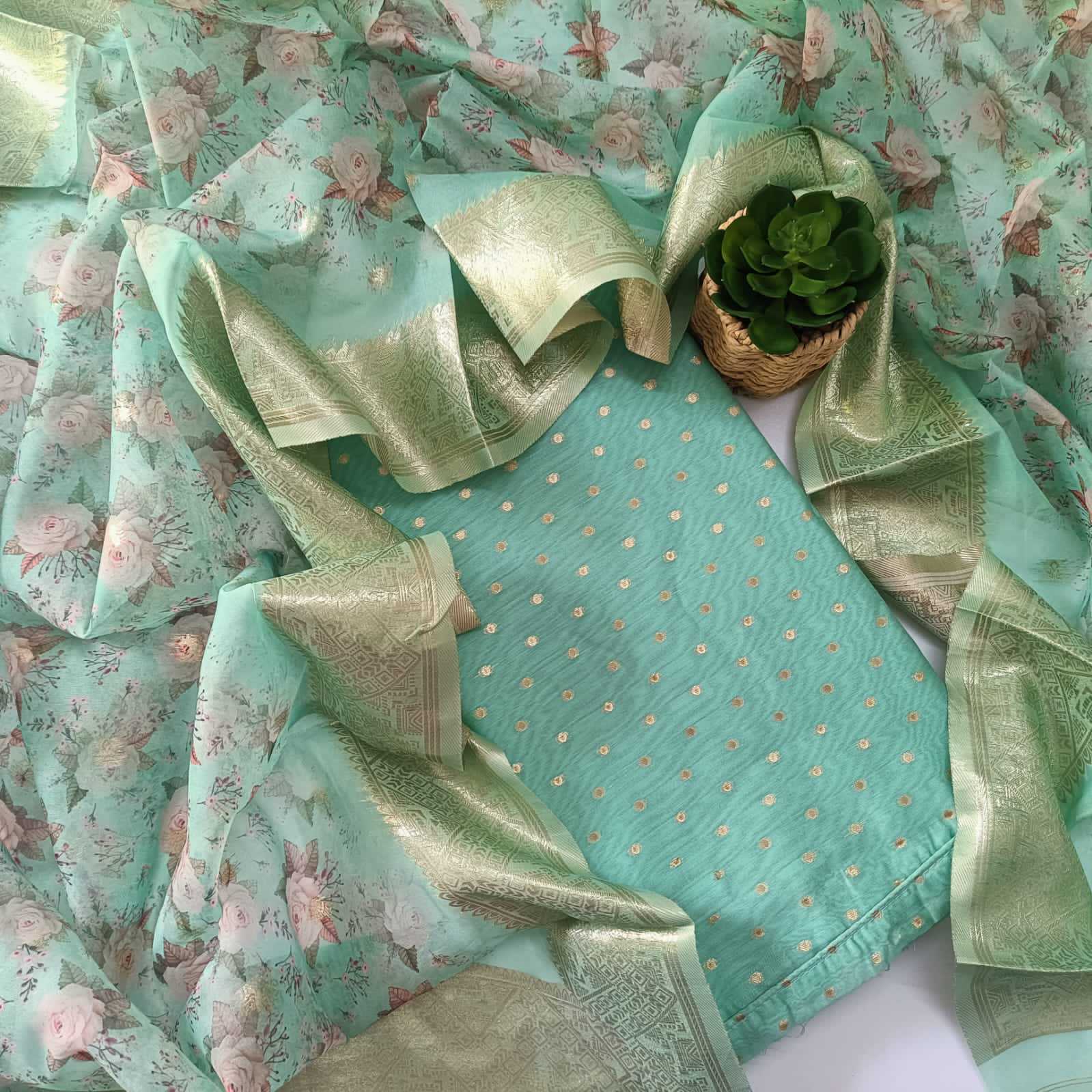 SEA GREEN GOLD CHANDERI PRINTED SUIT WITH ORGANZA DUPATTA