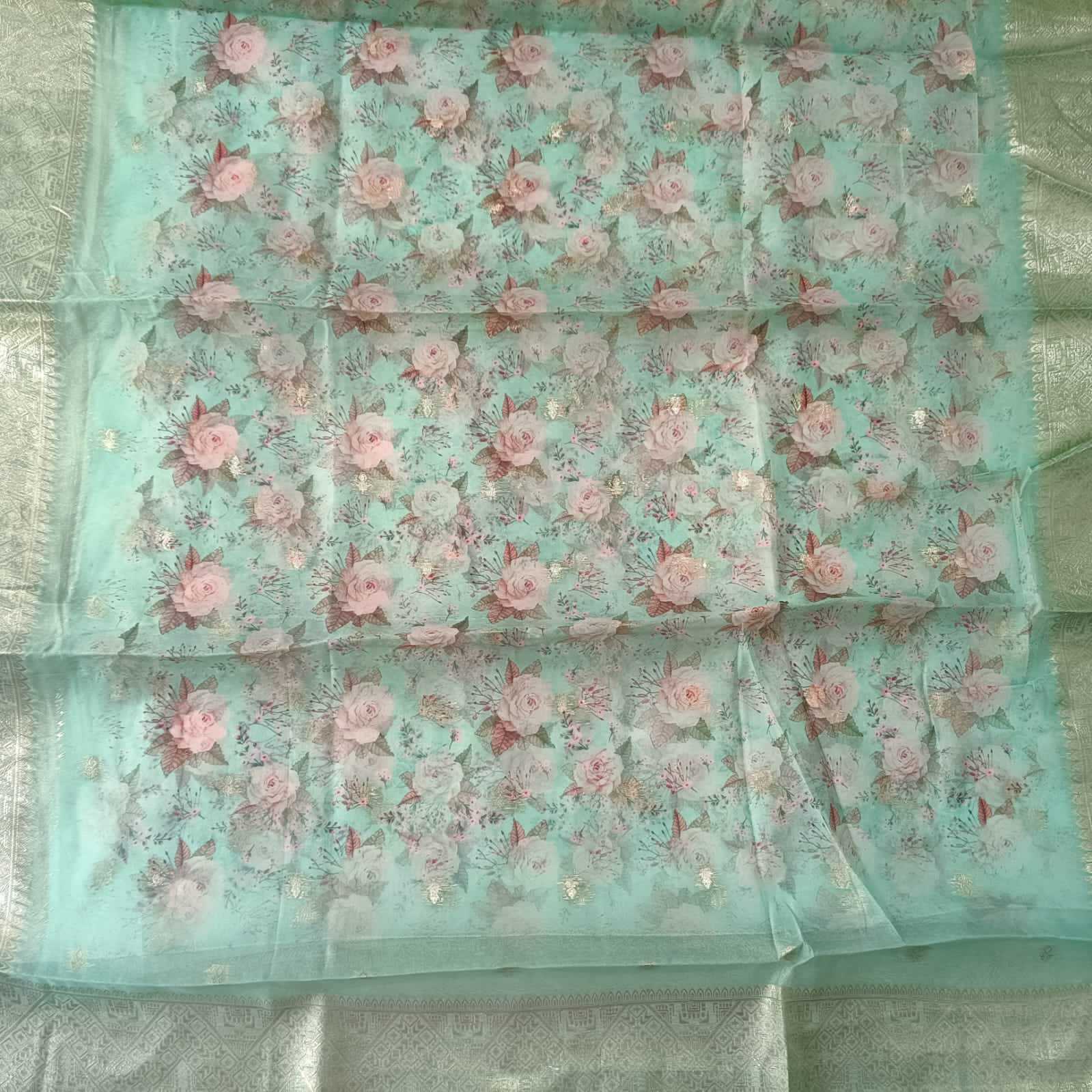 SEA GREEN GOLD CHANDERI PRINTED SUIT WITH ORGANZA DUPATTA