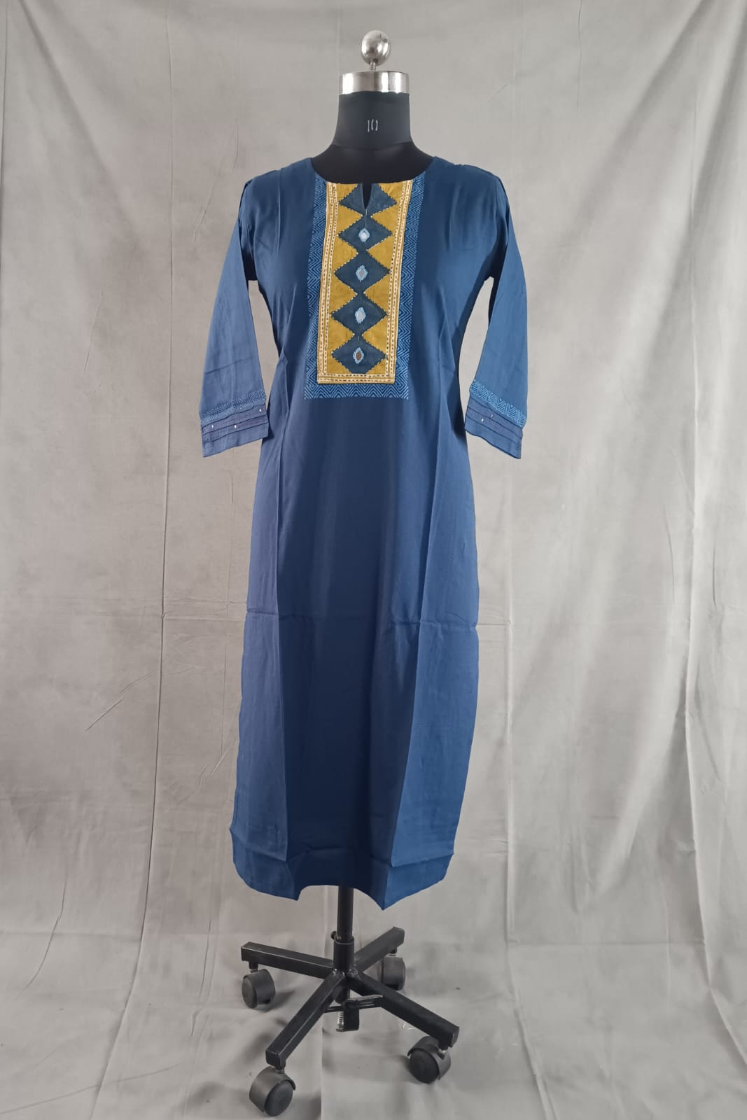 DARK BLUE - HANDLOOM COTTON MIRROK WORK KURTHA