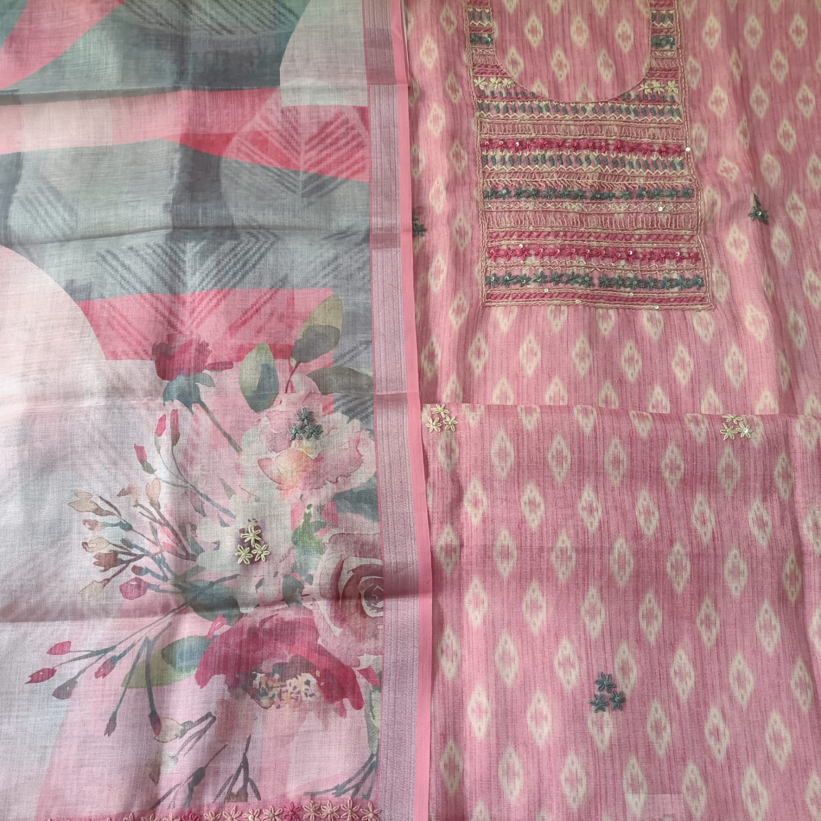 ROSE PINK - TISSUE LINEN  HANDWORKED SUIT SET