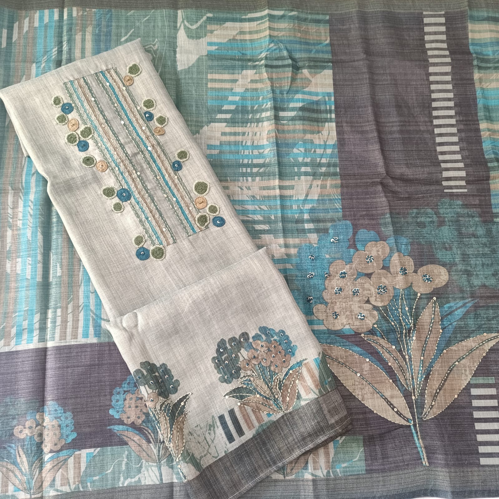 METALLIC GREEN - TISSUE LINEN  HANDWORKED SUIT SET