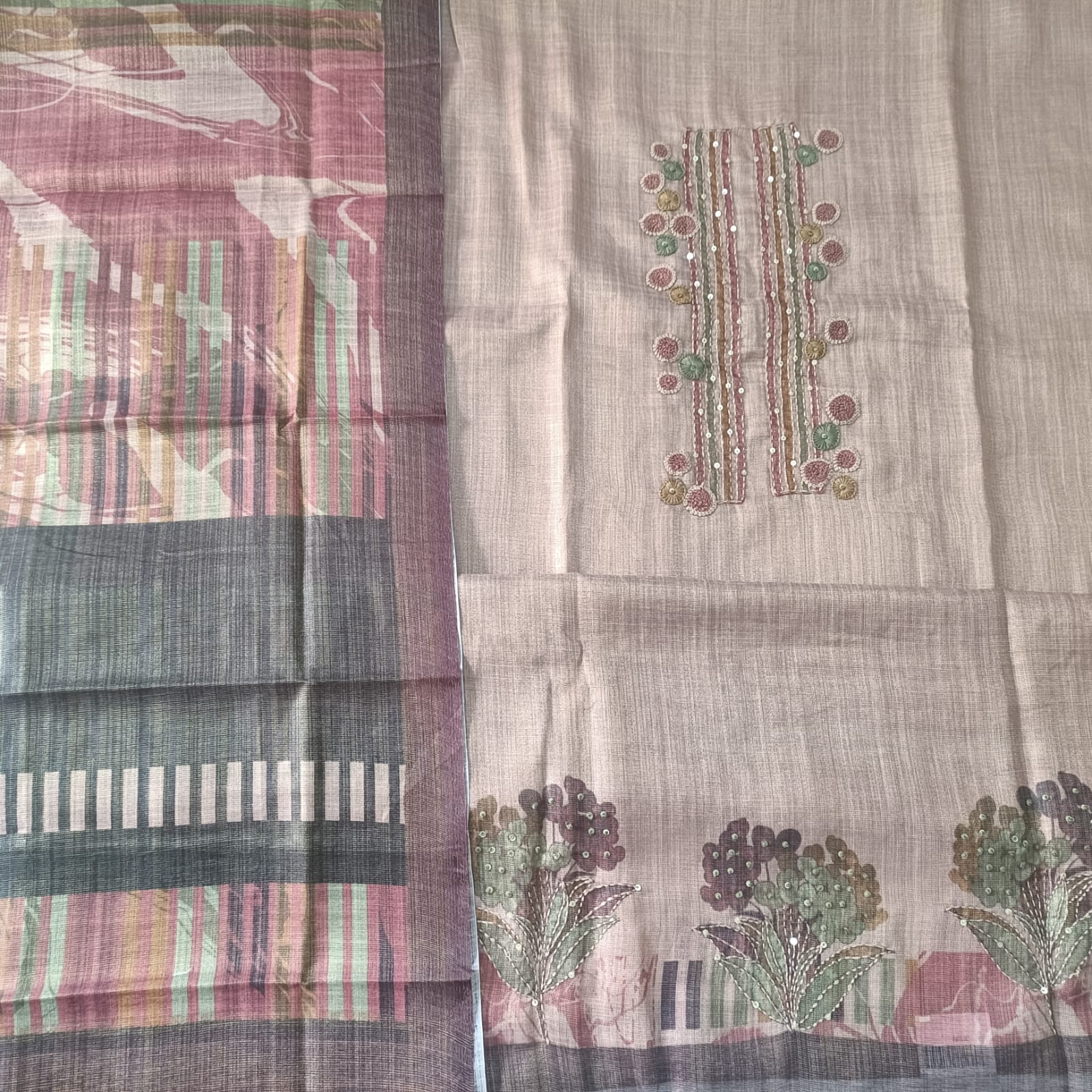 METALLIC DUSKY ROSE - TISSUE LINEN  HANDWORKED SUIT SET