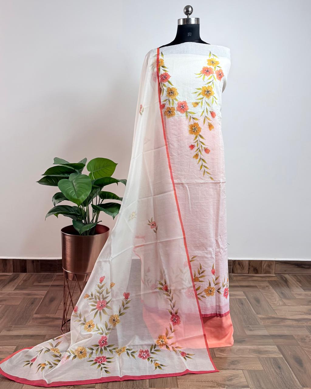 OFF WHITE & PEACH - KOTA HANDPAINTED SUIT SET
