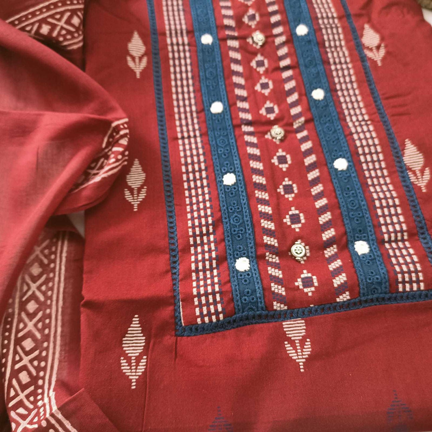 MAROON - HANDLOOM COTTON - 3 PC SUIT SET - TOP,BOTTOM & DUPATTA