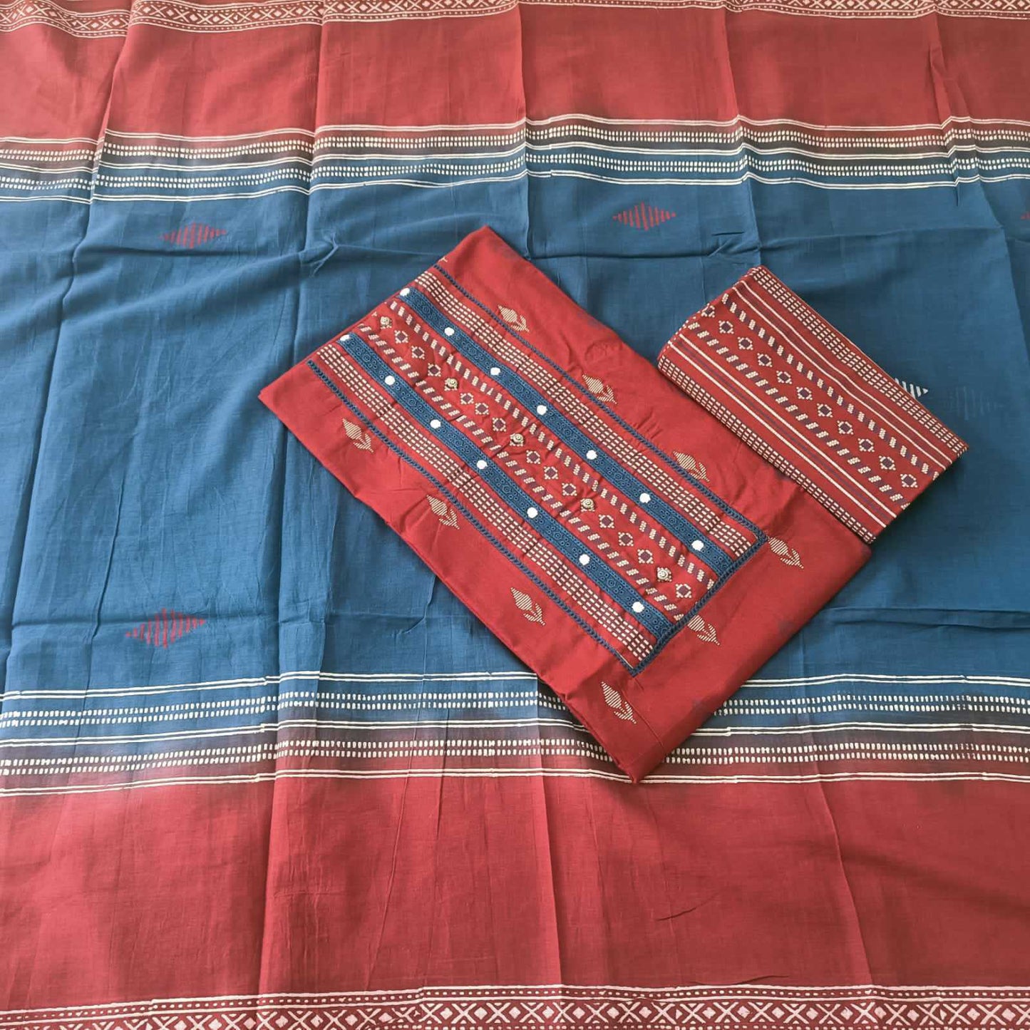 MAROON - HANDLOOM COTTON - 3 PC SUIT SET - TOP,BOTTOM & DUPATTA