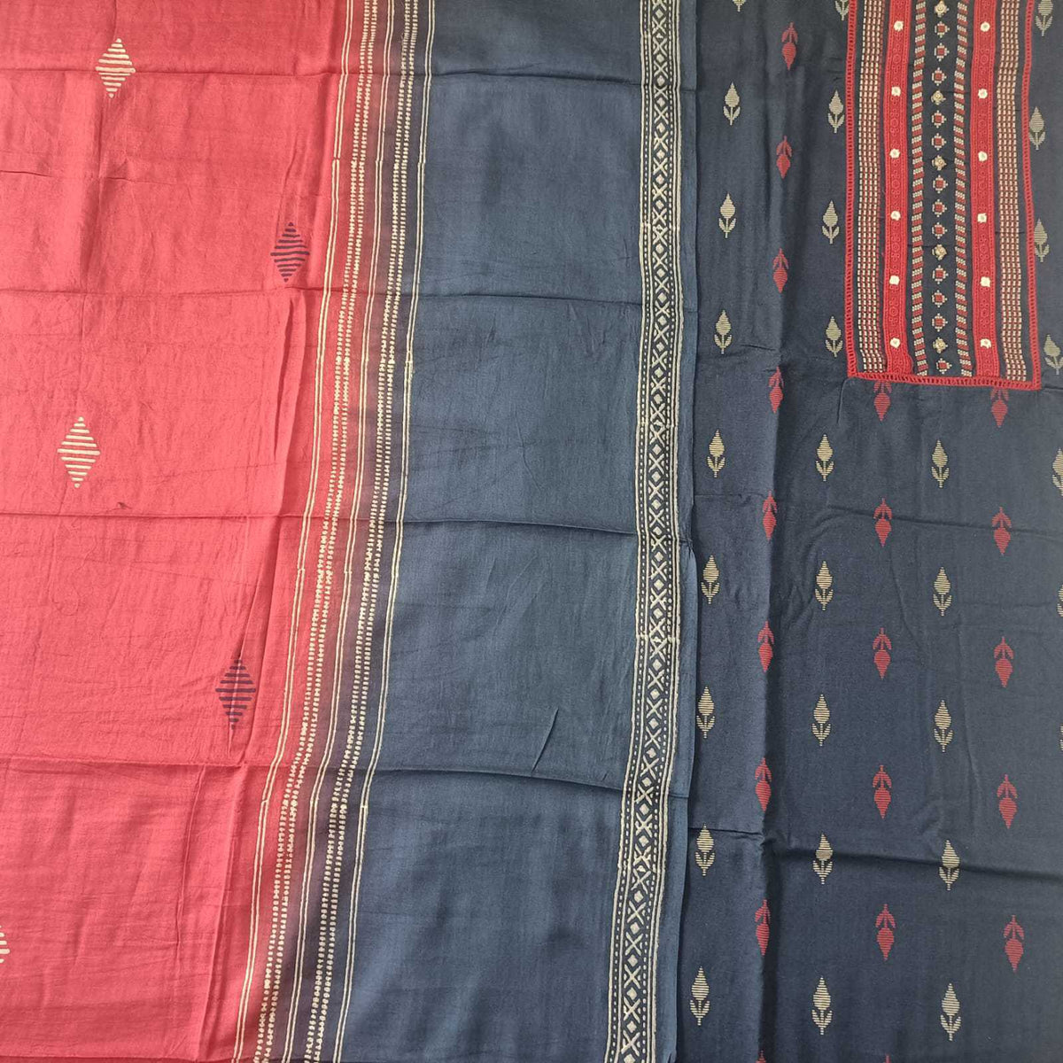 NAVY BLUE - HANDLOOM COTTON - 3 PC SUIT SET - TOP,BOTTOM & DUPATTA