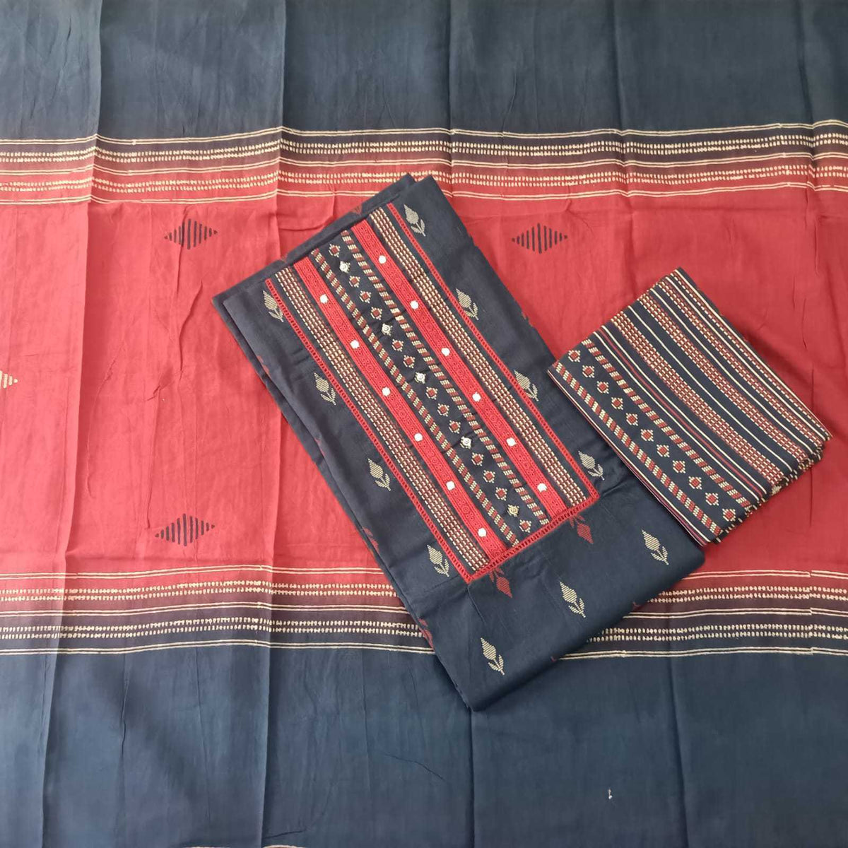 NAVY BLUE - HANDLOOM COTTON - 3 PC SUIT SET - TOP,BOTTOM & DUPATTA