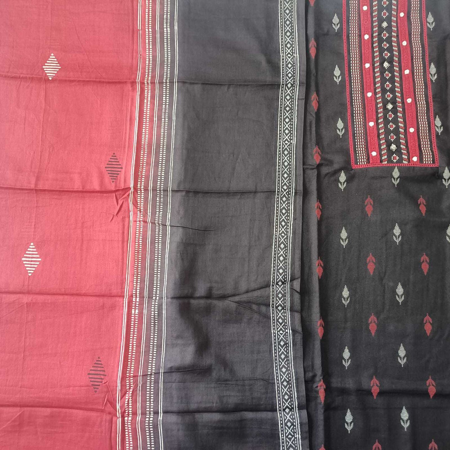 BLACK -HANDLOOM COTTON - 3 PC SUIT SET - TOP,BOTTOM & DUPATTA