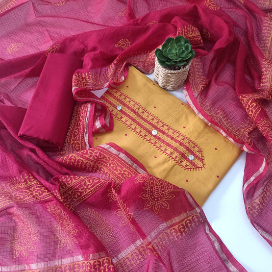 YELLOW & MAROON - HANDLOOM COTTON - 3 PC SUIT SET - TOP,BOTTOM & DUPATTA