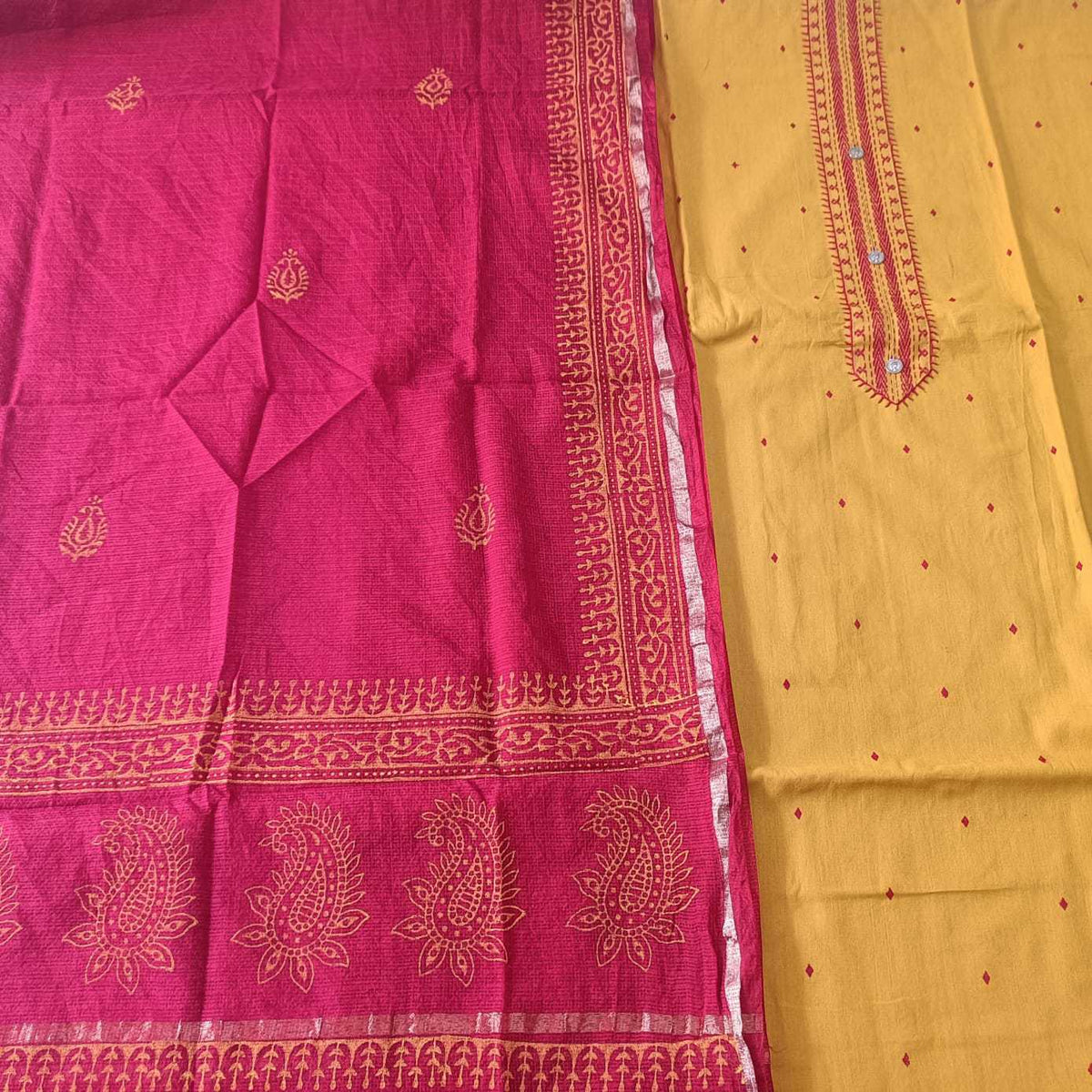 YELLOW & MAROON - HANDLOOM COTTON - 3 PC SUIT SET - TOP,BOTTOM & DUPATTA
