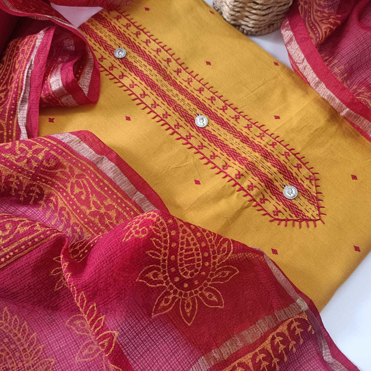 YELLOW & MAROON - HANDLOOM COTTON - 3 PC SUIT SET - TOP,BOTTOM & DUPATTA