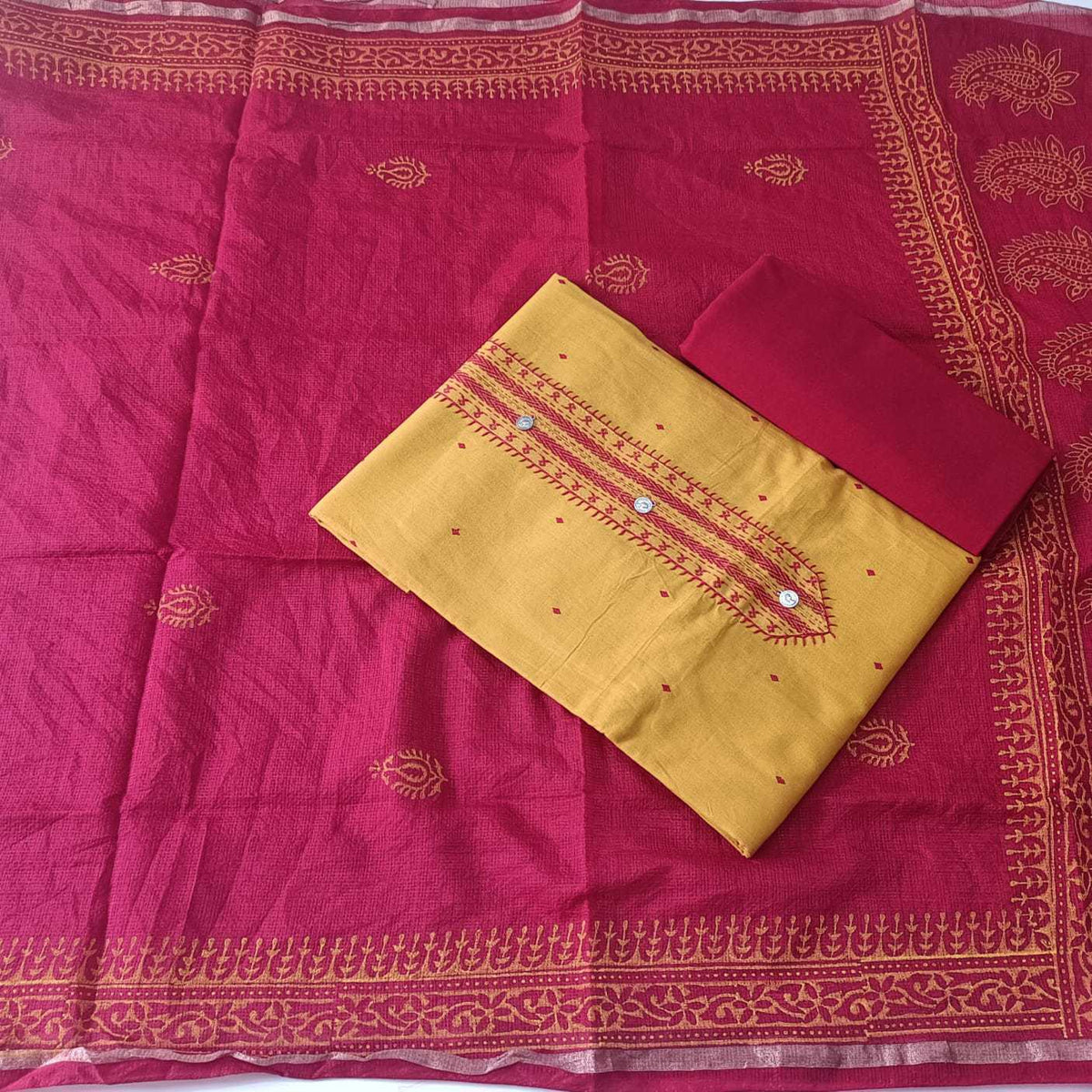 YELLOW & MAROON - HANDLOOM COTTON - 3 PC SUIT SET - TOP,BOTTOM & DUPATTA