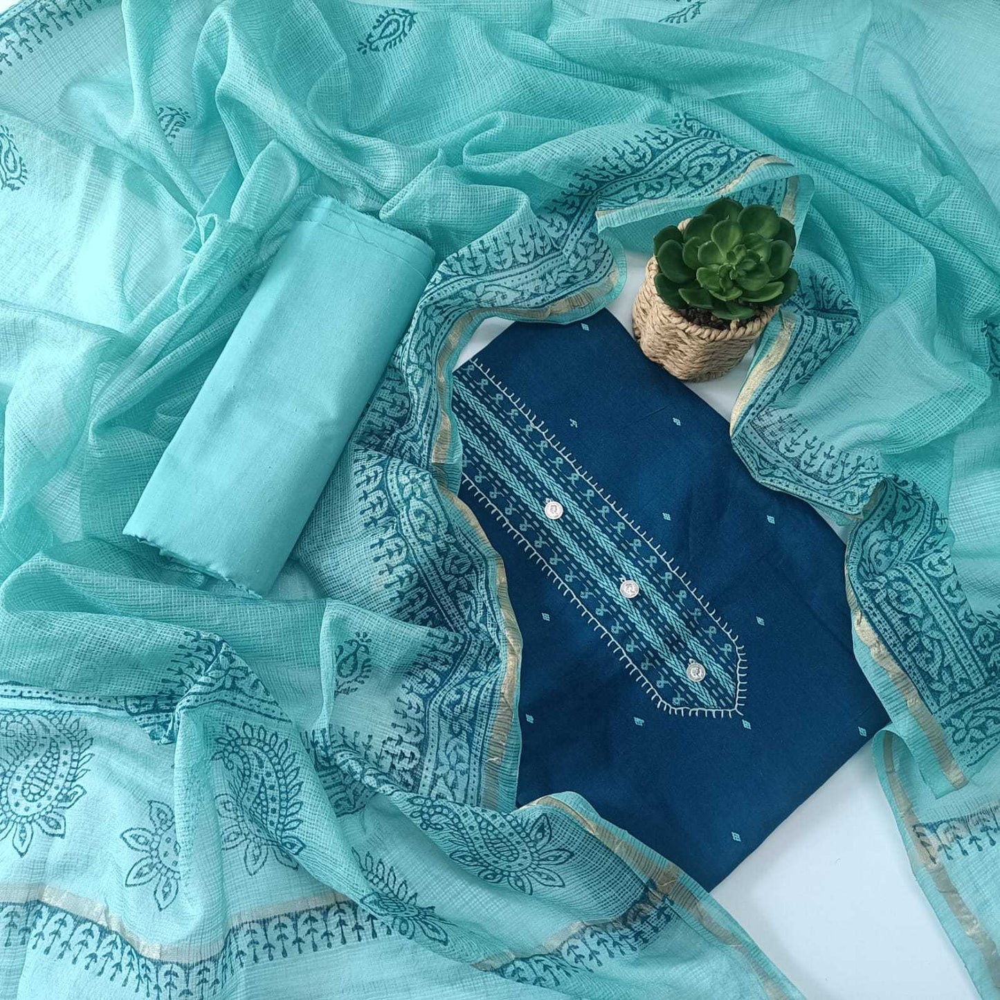 BLUE & LIGHT BLUE - HANDLOOM COTTON - 3 PC SUIT SET - TOP,BOTTOM & DUPATTA