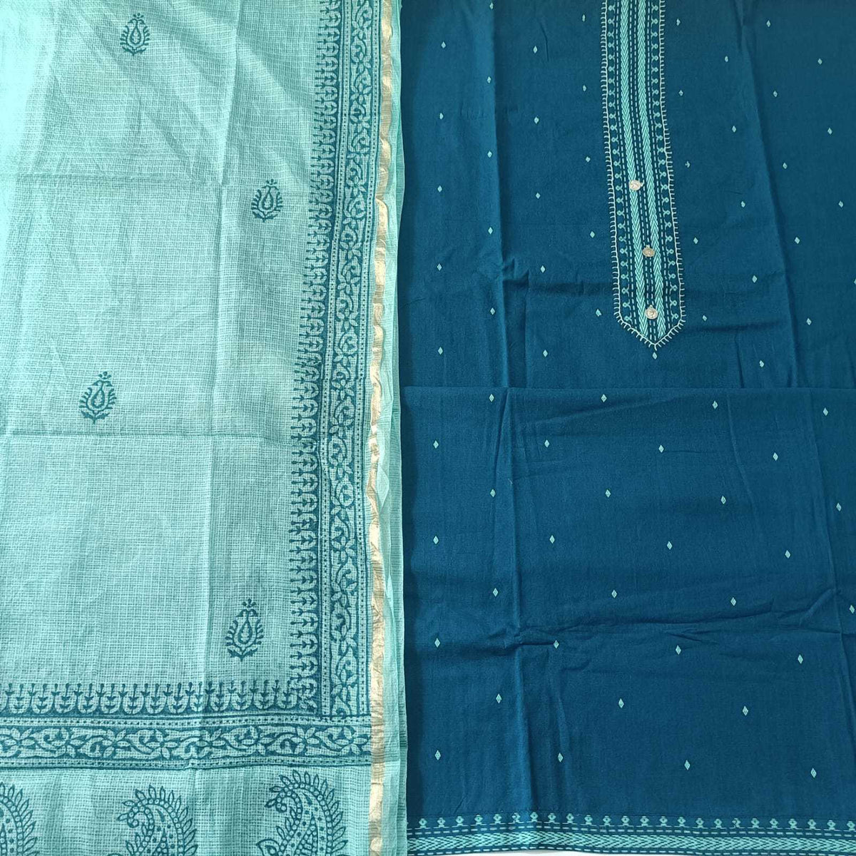 BLUE & LIGHT BLUE - HANDLOOM COTTON - 3 PC SUIT SET - TOP,BOTTOM & DUPATTA