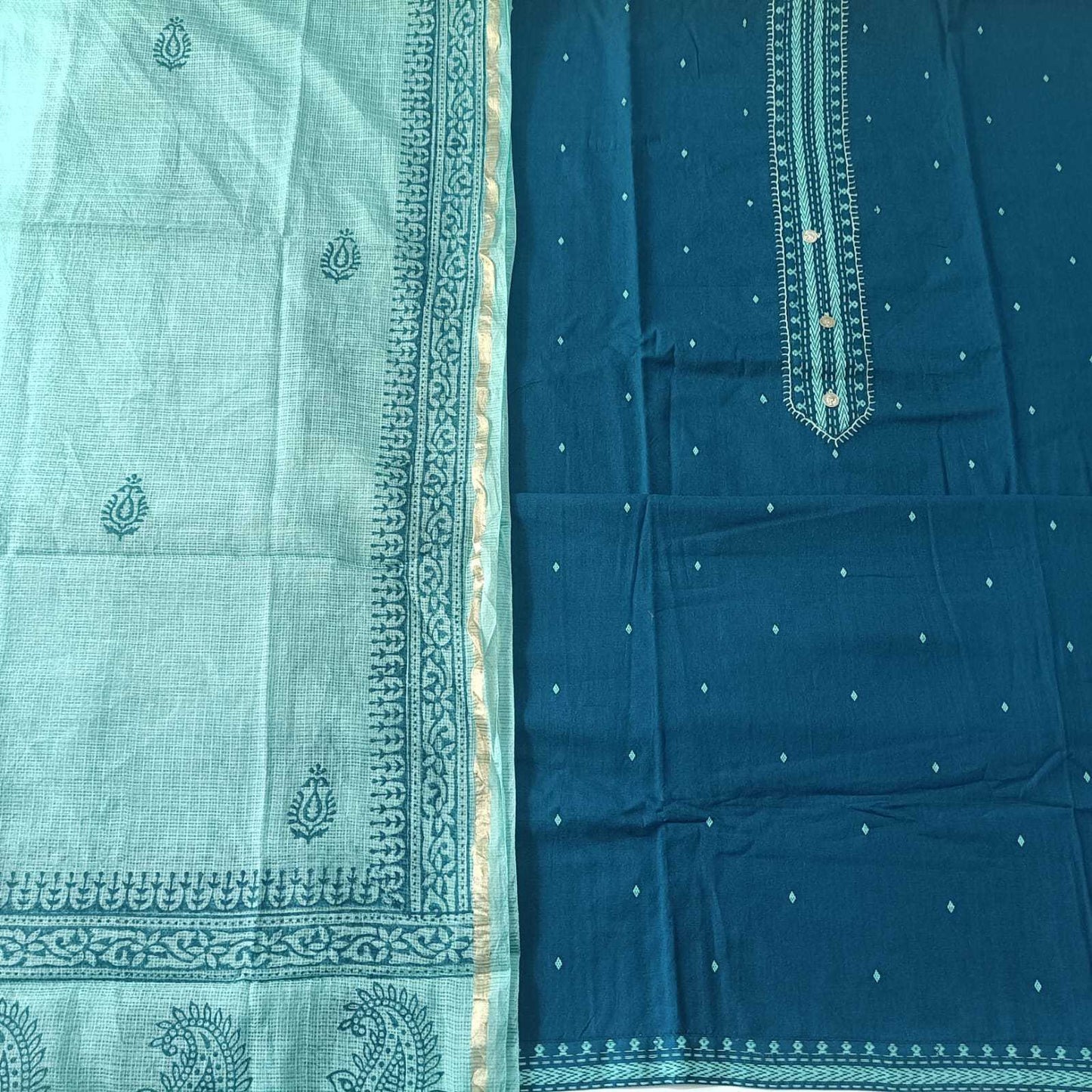 BLUE & LIGHT BLUE - HANDLOOM COTTON - 3 PC SUIT SET - TOP,BOTTOM & DUPATTA