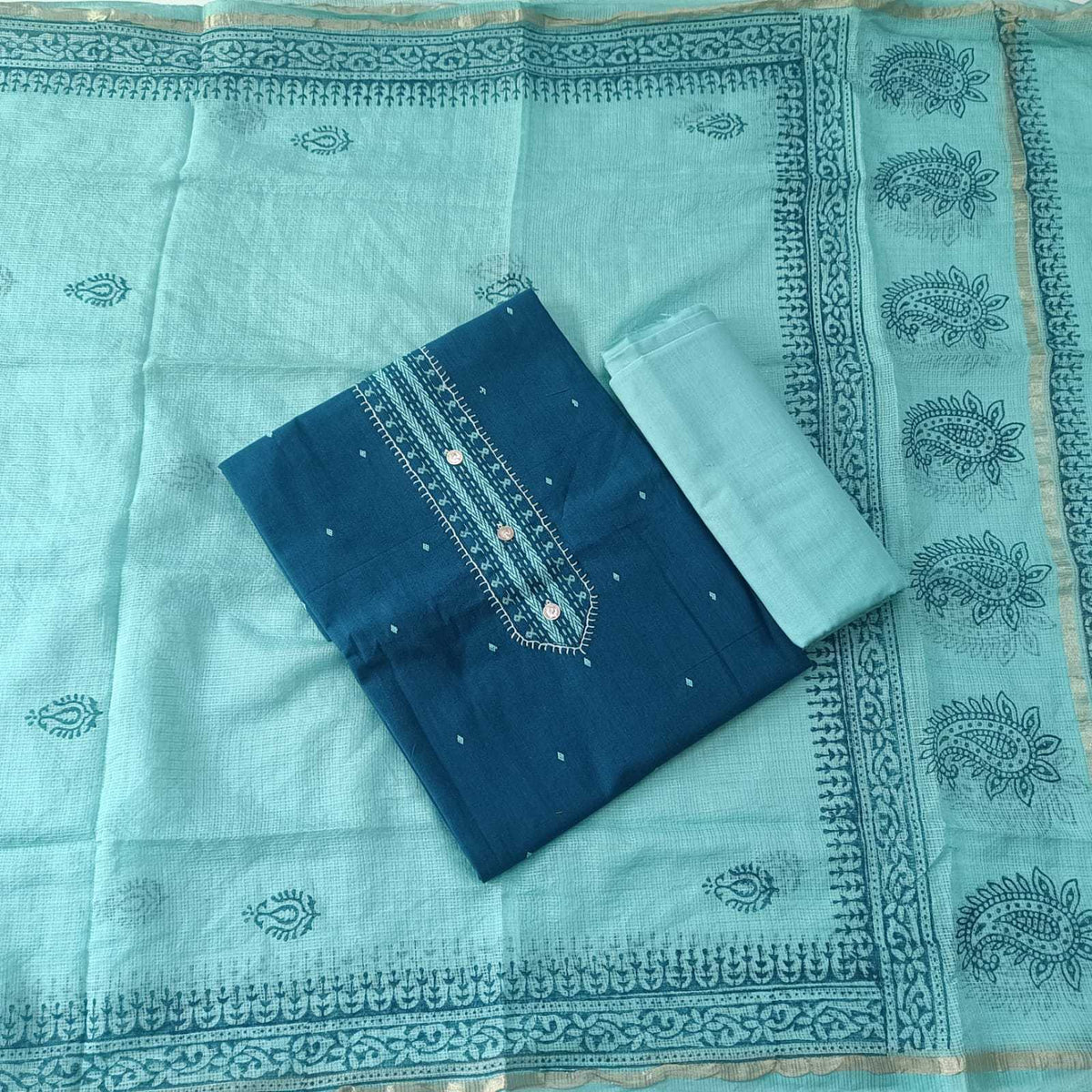 BLUE & LIGHT BLUE - HANDLOOM COTTON - 3 PC SUIT SET - TOP,BOTTOM & DUPATTA