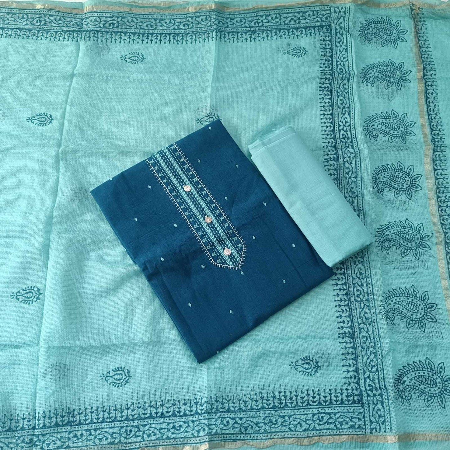 BLUE & LIGHT BLUE - HANDLOOM COTTON - 3 PC SUIT SET - TOP,BOTTOM & DUPATTA
