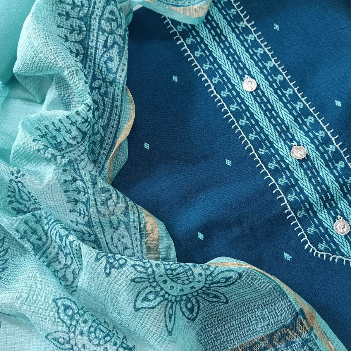BLUE & LIGHT BLUE - HANDLOOM COTTON - 3 PC SUIT SET - TOP,BOTTOM & DUPATTA
