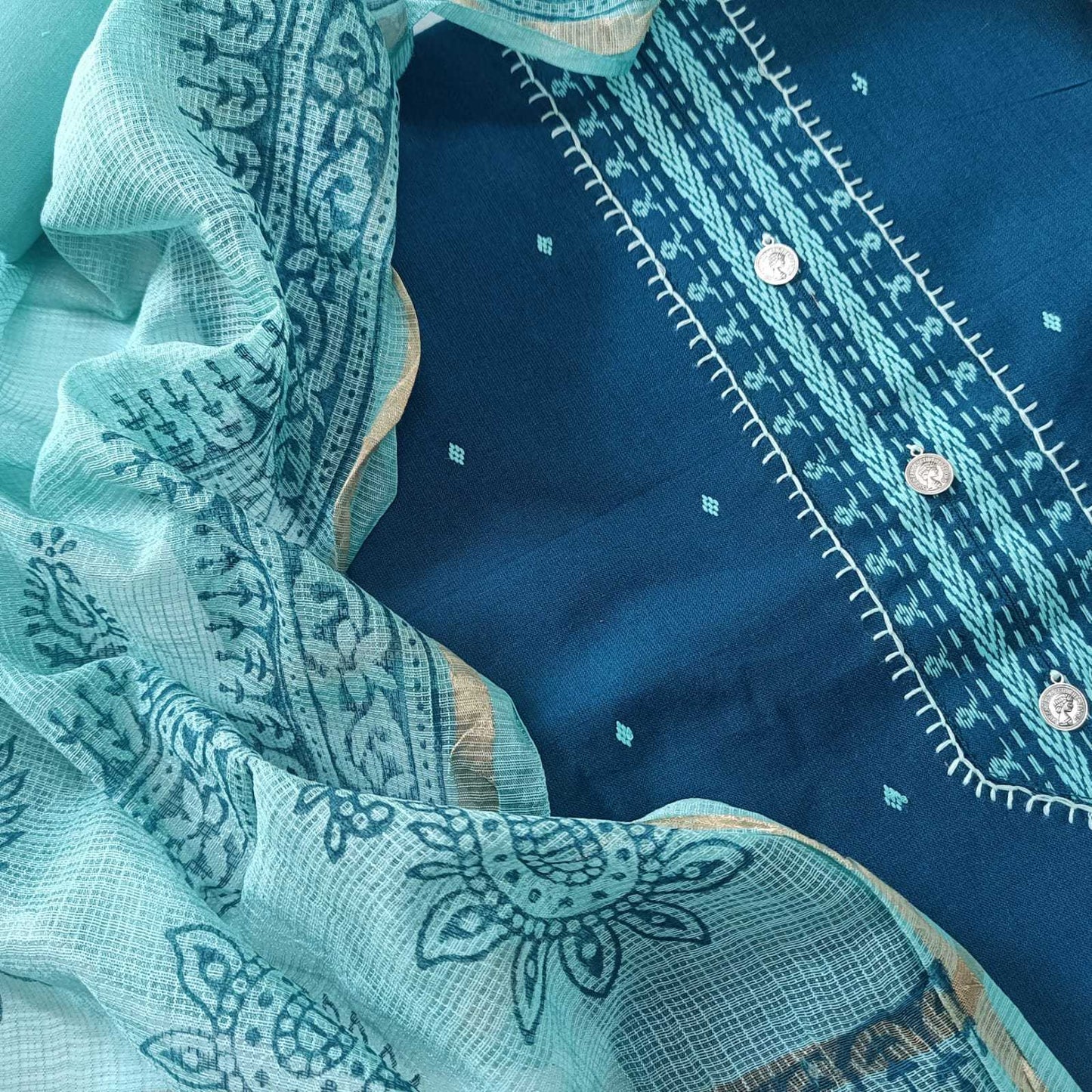 BLUE & LIGHT BLUE - HANDLOOM COTTON - 3 PC SUIT SET - TOP,BOTTOM & DUPATTA