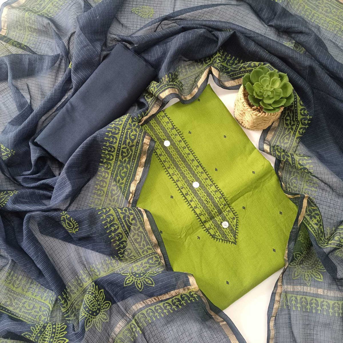 GREEN & BLUE - HANDLOOM COTTON - 3 PC SUIT SET - TOP,BOTTOM & DUPATTA
