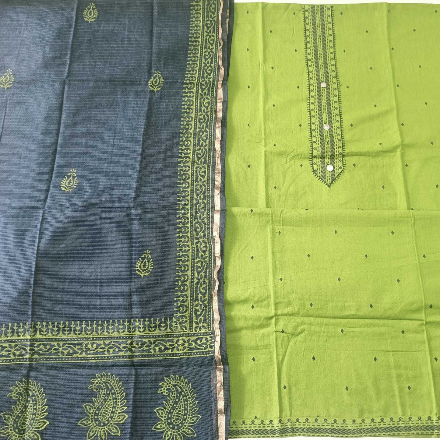 GREEN & BLUE - HANDLOOM COTTON - 3 PC SUIT SET - TOP,BOTTOM & DUPATTA