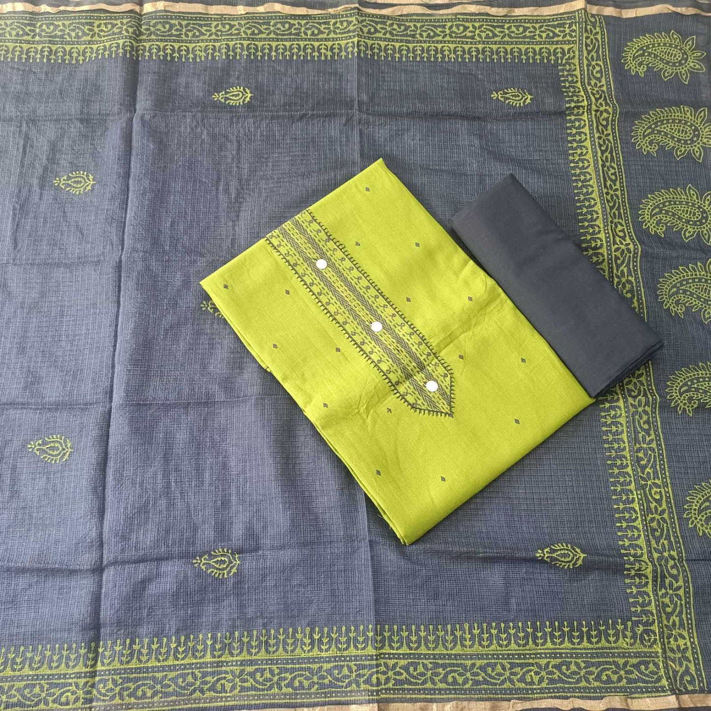 GREEN & BLUE - HANDLOOM COTTON - 3 PC SUIT SET - TOP,BOTTOM & DUPATTA