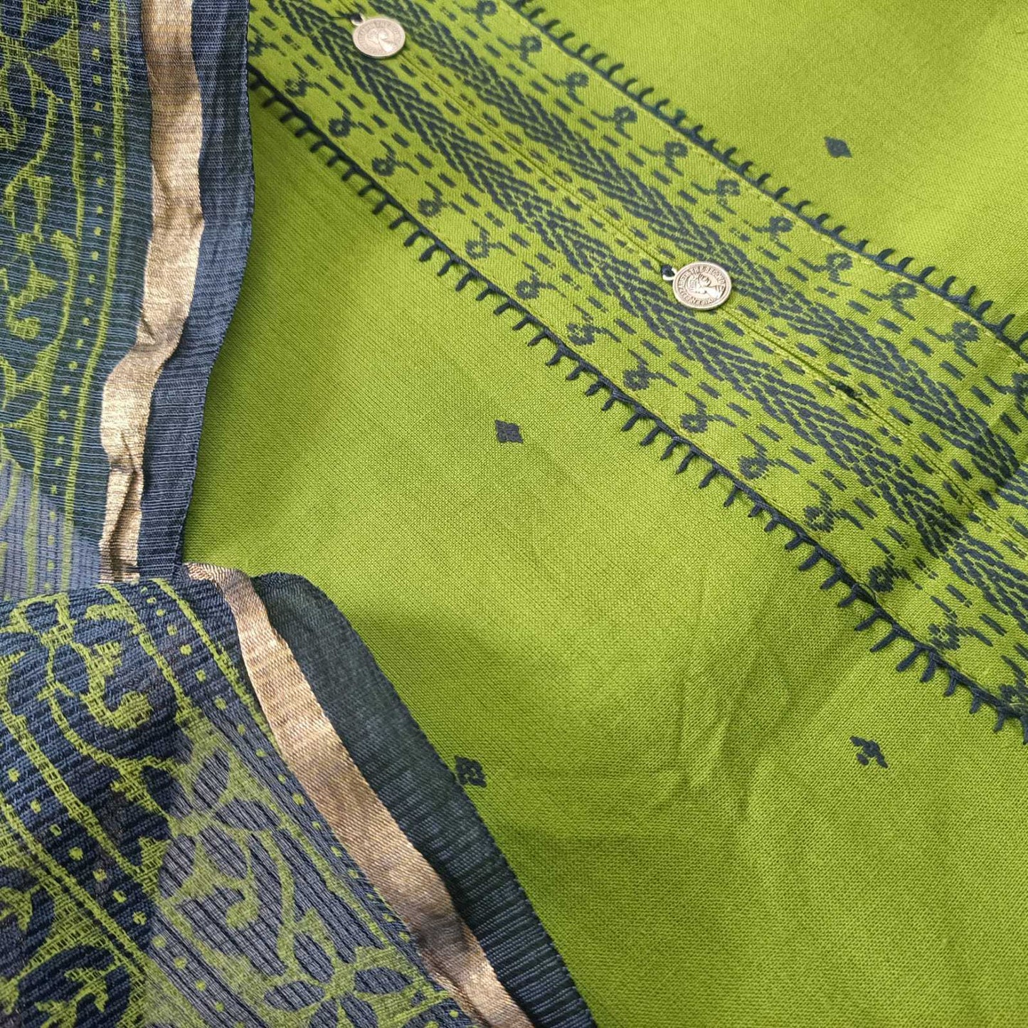 GREEN & BLUE - HANDLOOM COTTON - 3 PC SUIT SET - TOP,BOTTOM & DUPATTA