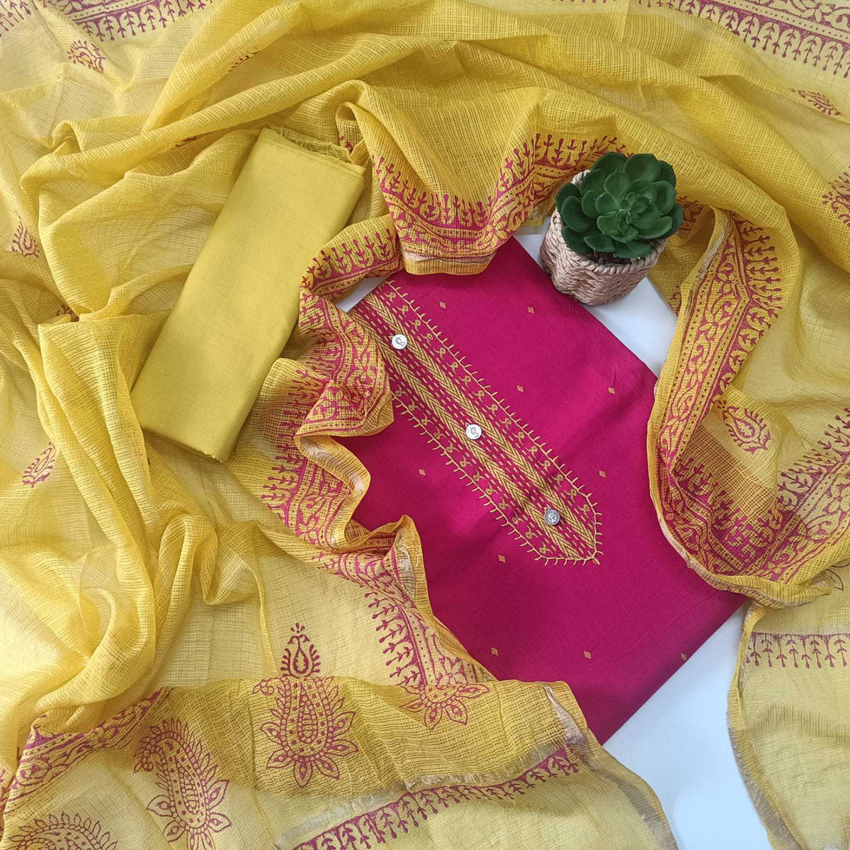 PINK & YELLOW - HANDLOOM COTTON - 3 PC SUIT SET - TOP,BOTTOM & DUPATTA