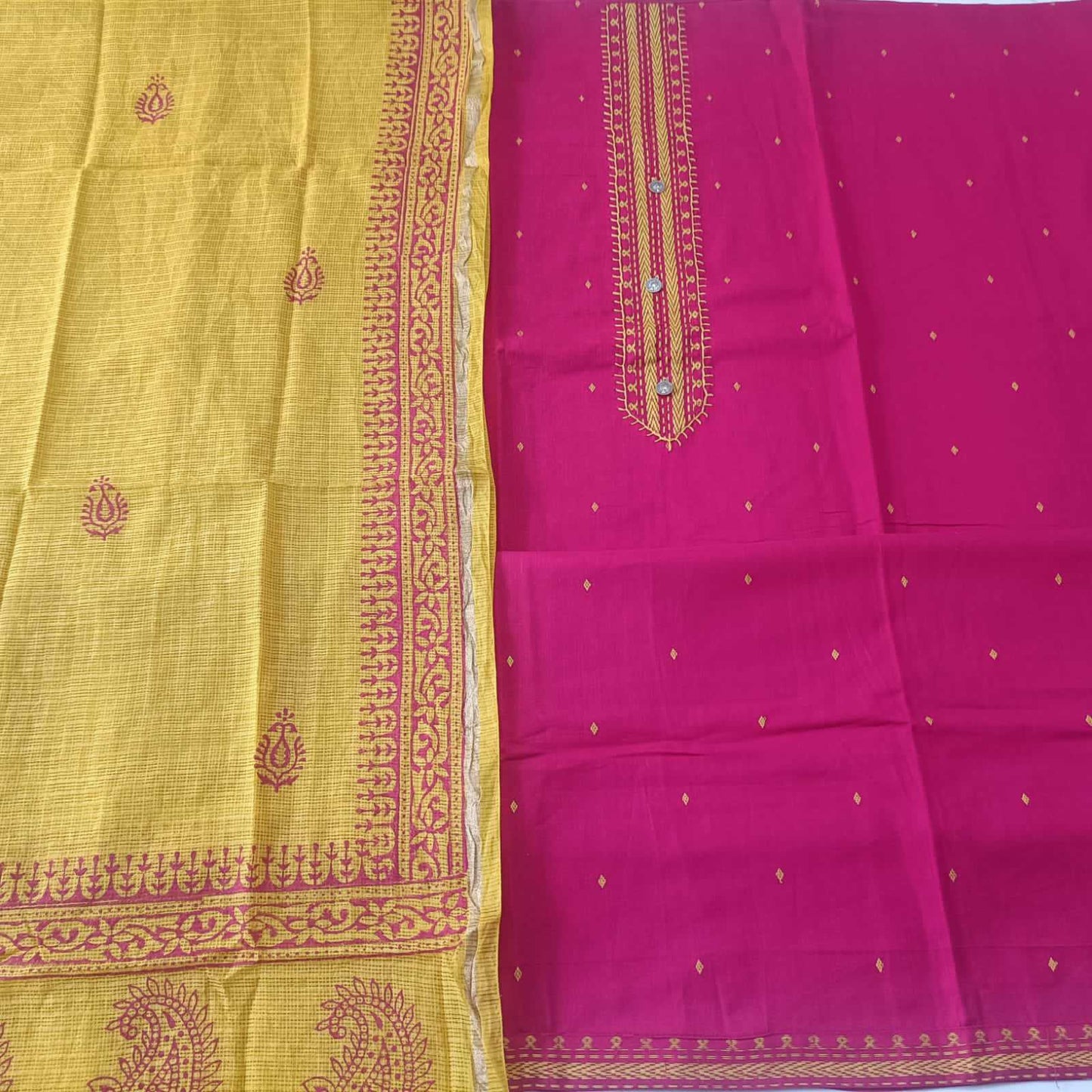 PINK & YELLOW - HANDLOOM COTTON - 3 PC SUIT SET - TOP,BOTTOM & DUPATTA