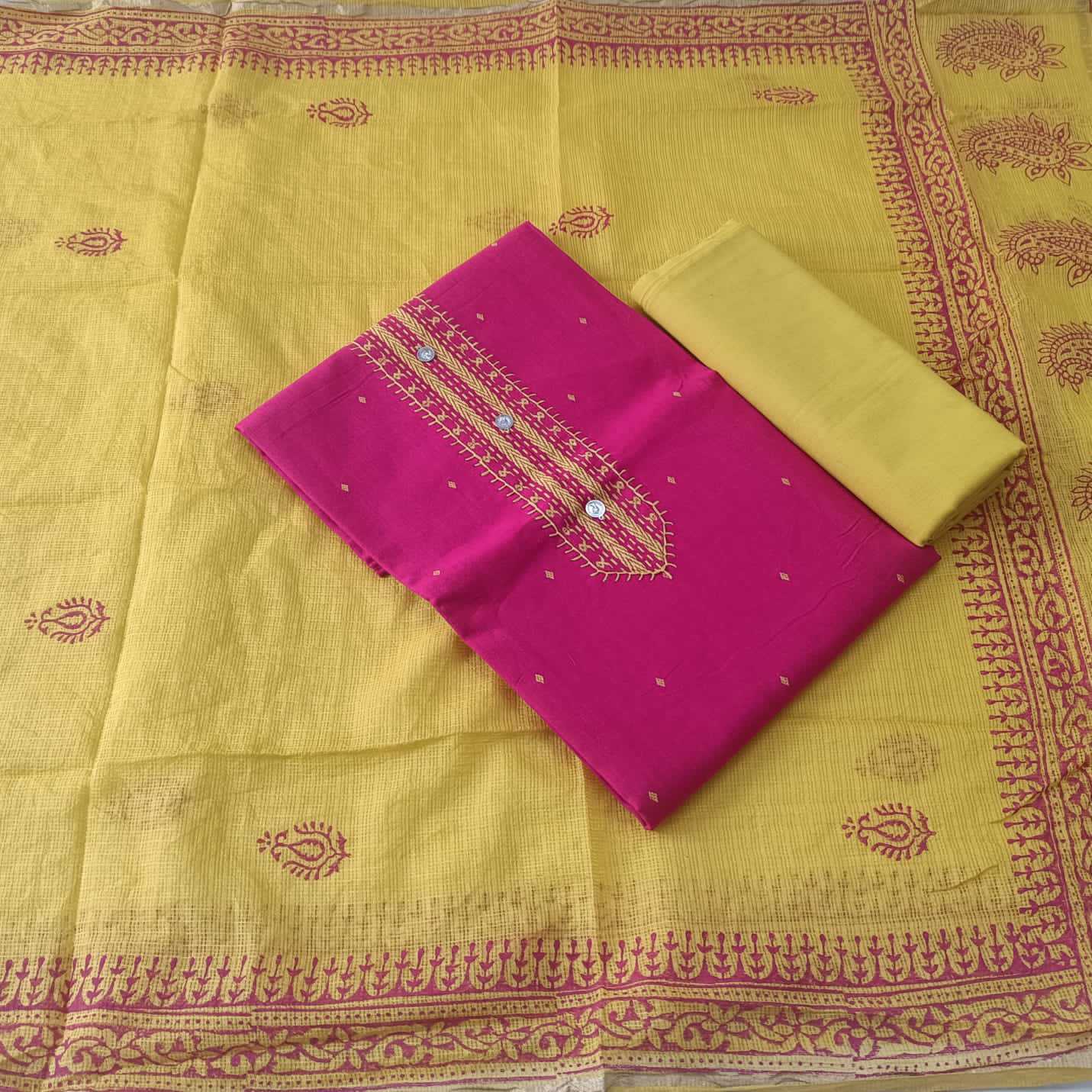 PINK & YELLOW - HANDLOOM COTTON - 3 PC SUIT SET - TOP,BOTTOM & DUPATTA