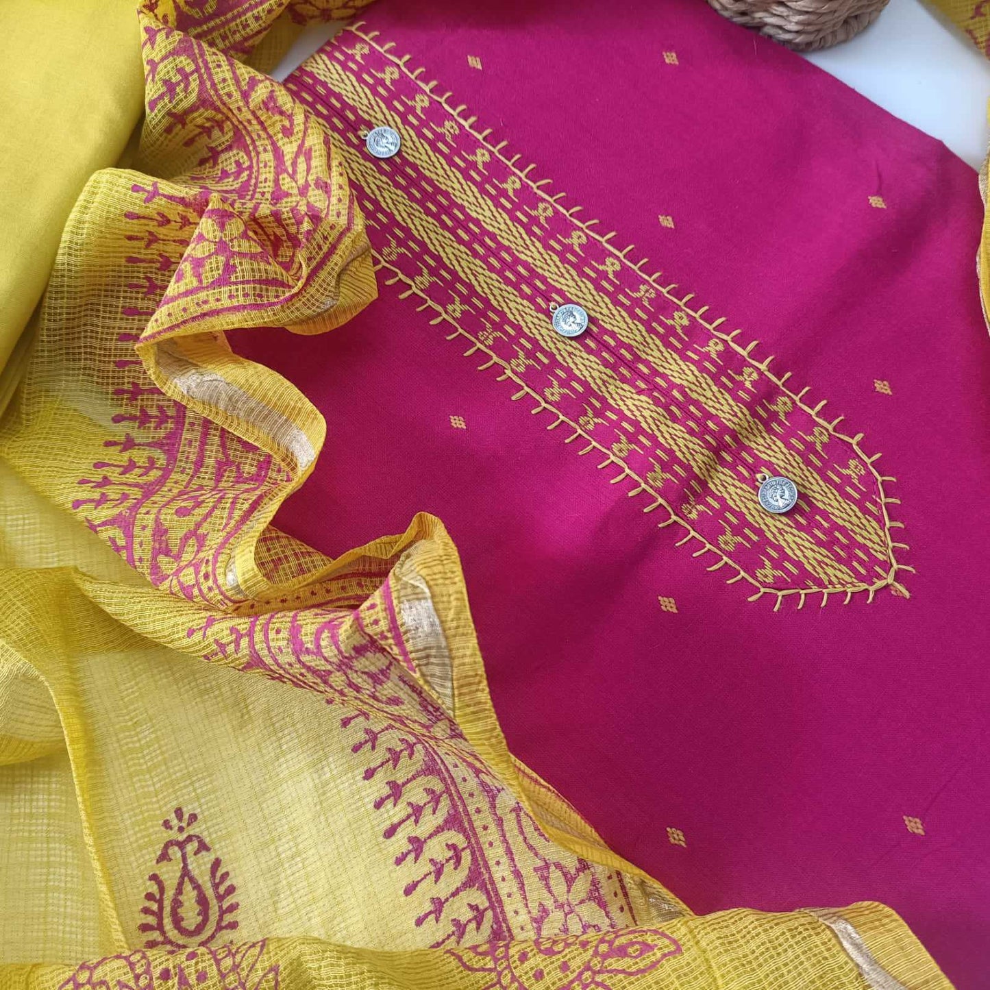 PINK & YELLOW - HANDLOOM COTTON - 3 PC SUIT SET - TOP,BOTTOM & DUPATTA