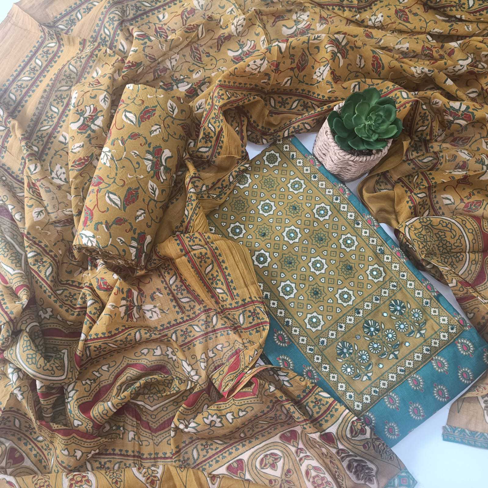 GREEN & MUSTARD - AJRAKH COTTON - 3 PC SUIT SET - TOP,BOTTOM & DUPATTA