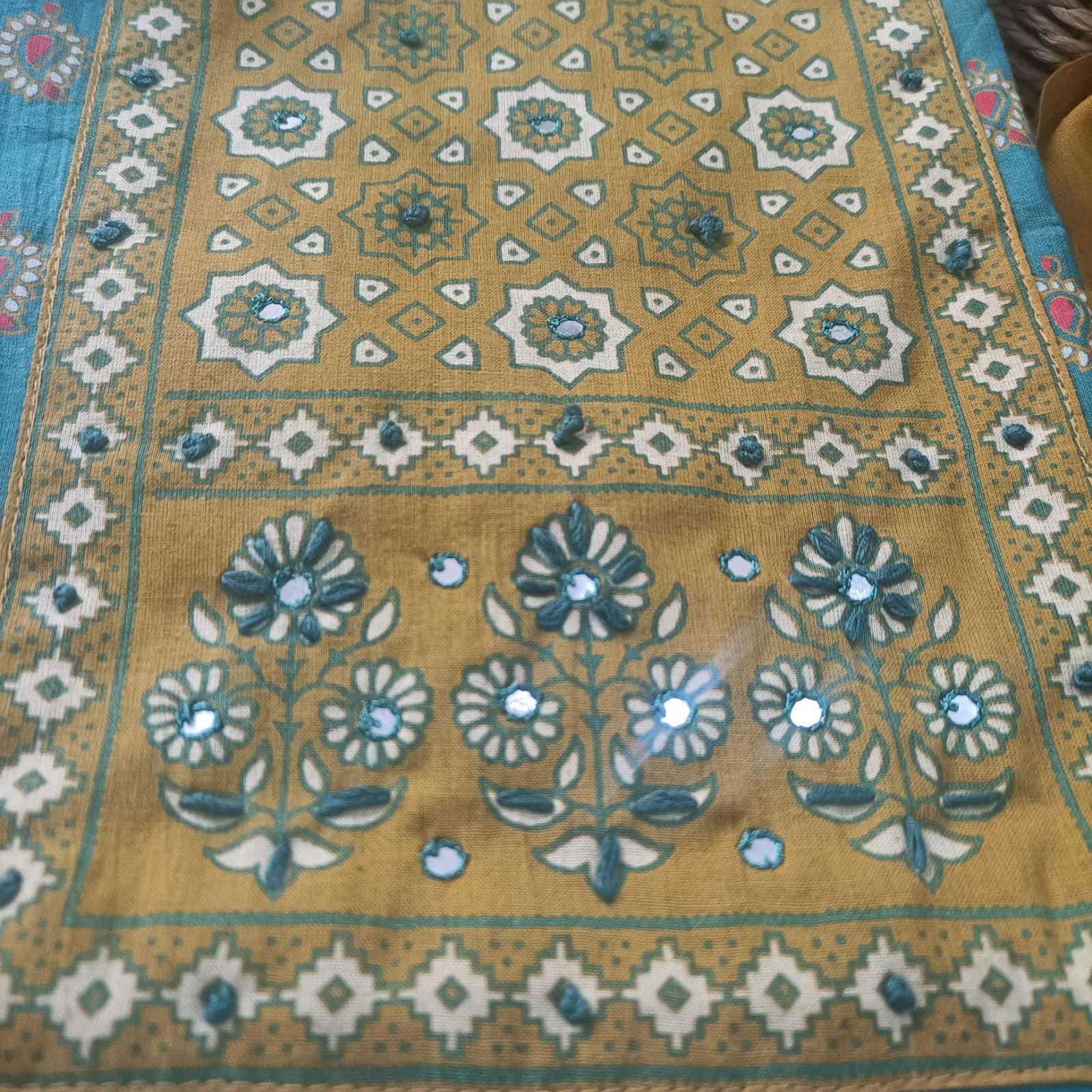 GREEN & MUSTARD - AJRAKH COTTON - 3 PC SUIT SET - TOP,BOTTOM & DUPATTA