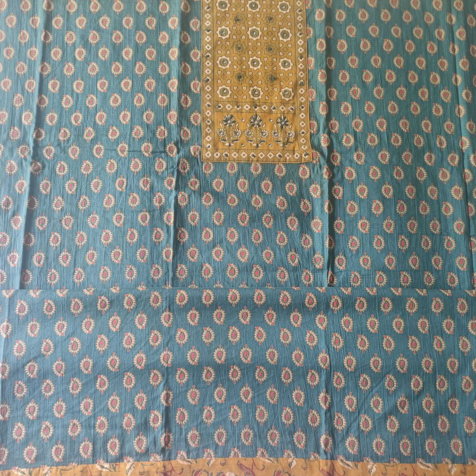 GREEN & MUSTARD - AJRAKH COTTON - 3 PC SUIT SET - TOP,BOTTOM & DUPATTA