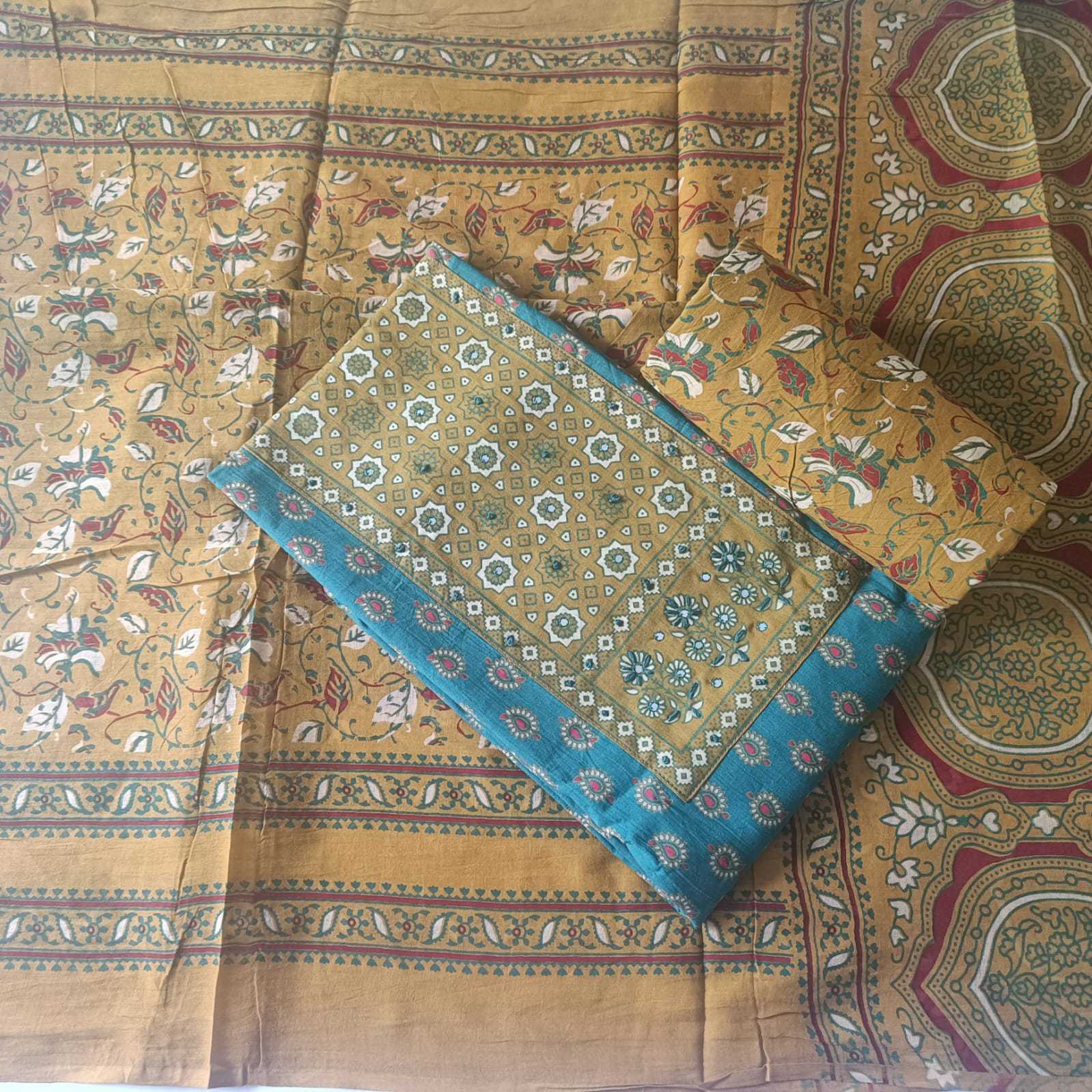 GREEN & MUSTARD - AJRAKH COTTON - 3 PC SUIT SET - TOP,BOTTOM & DUPATTA