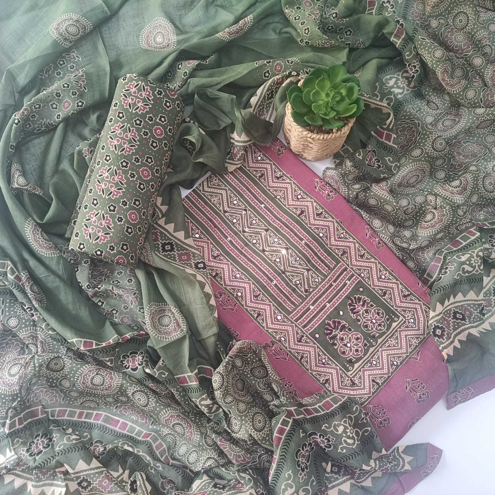 ONION PINK & GREEN - AJRAKH COTTON - 3 PC SUIT SET - TOP,BOTTOM & DUPATTA