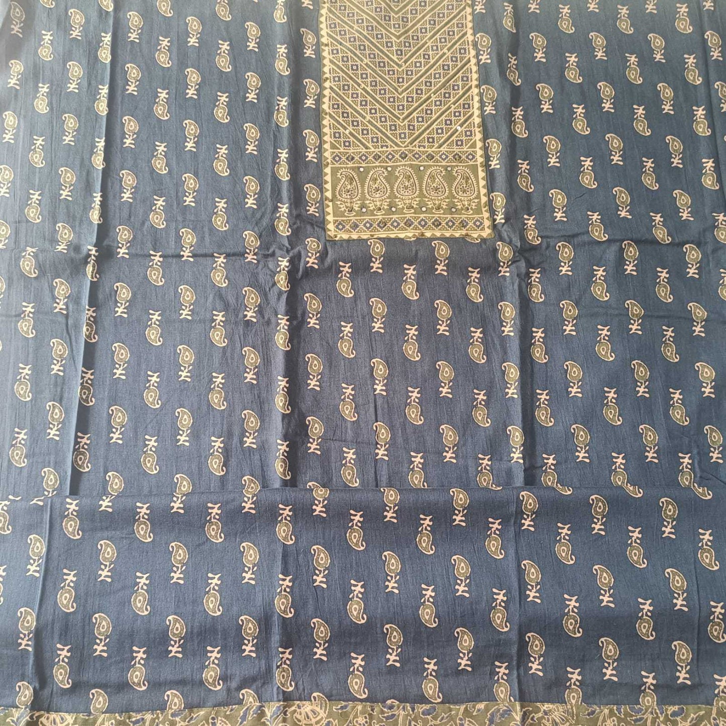DARK BLUE & GREEN -AJRKAH COTTON - 3 PC SUIT SET - TOP,BOTTOM & DUPATTA