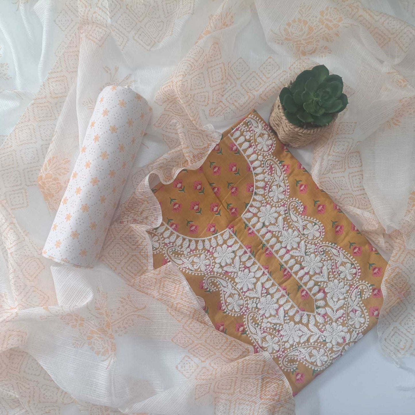 MUSTARD YELLOW - JAIPUR COTTON - 3 PC SUIT SET - TOP,BOTTOM & DUPATTA