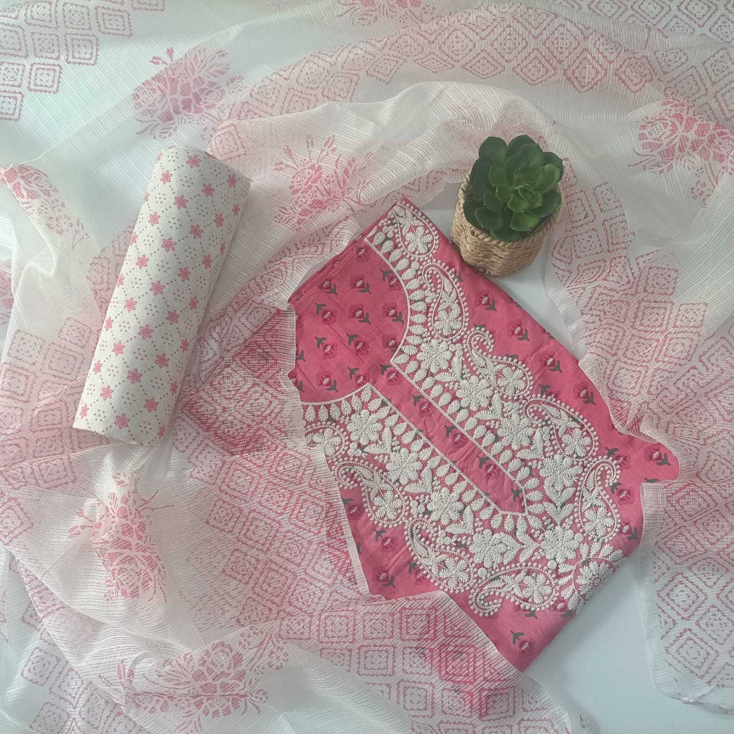 PINK - JAIPUR COTTON - 3 PC SUIT SET - TOP,BOTTOM & DUPATTA