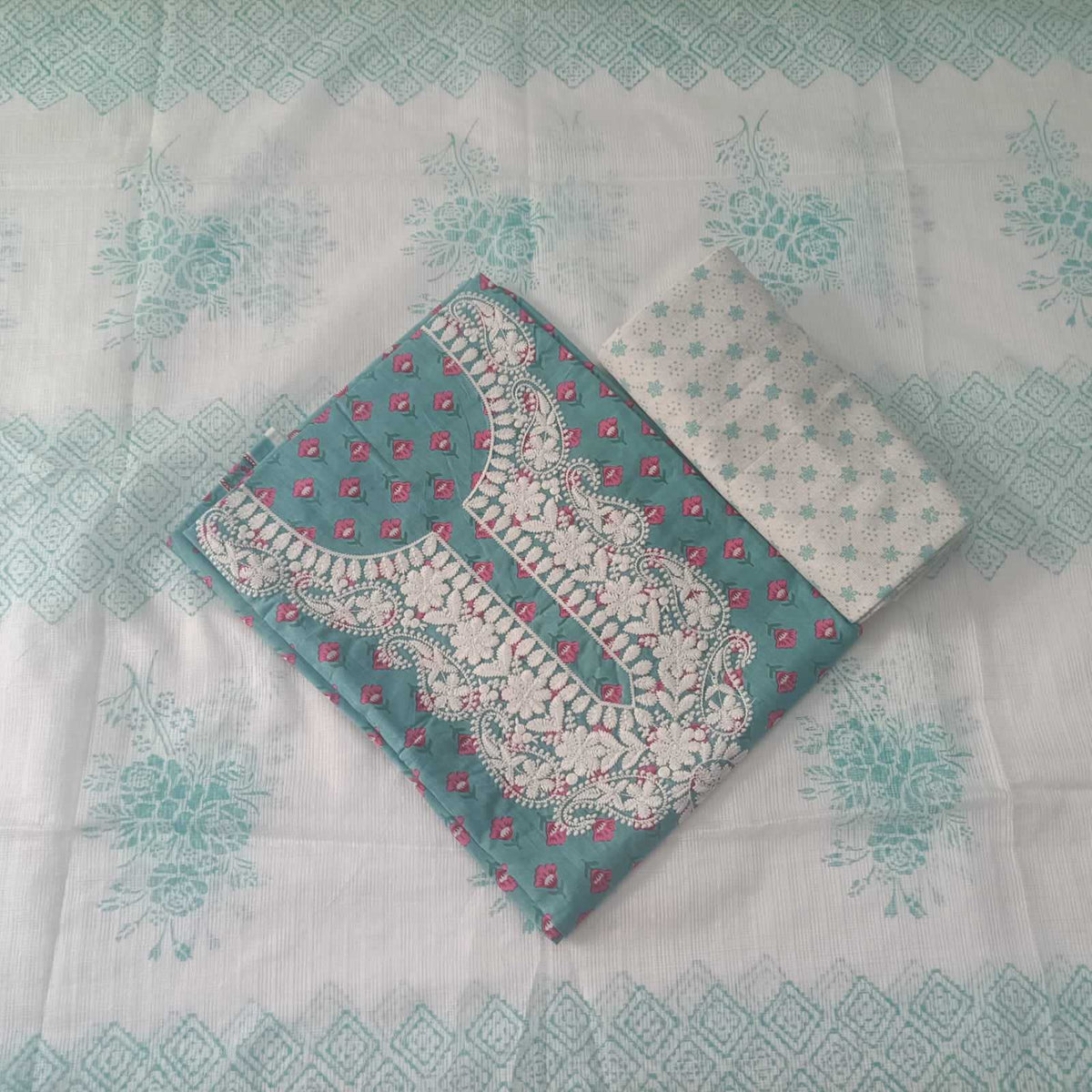 SEA BLUE - JAIPUR COTTON - 3 PC SUIT SET - TOP,BOTTOM & DUPATTA