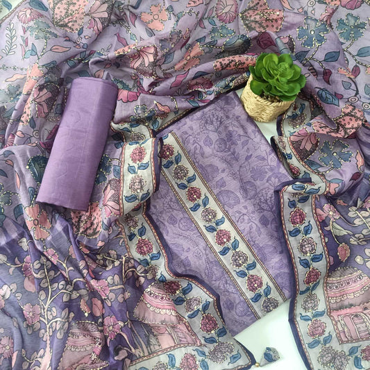 PURPLE CHANDERI PRINTED & EMBROIDERED SUIT WITH KANTHA WORK CHANDERI DUPATTA