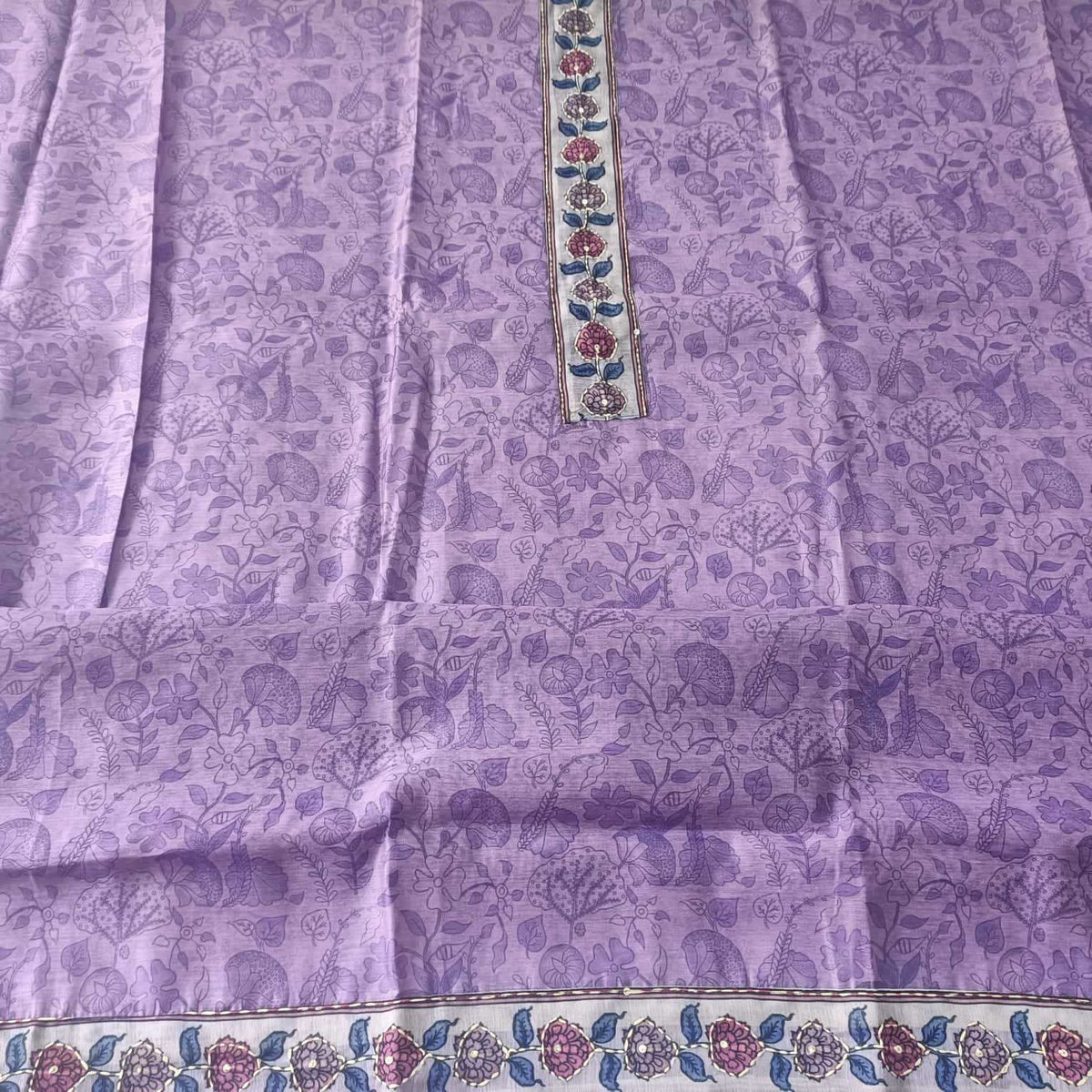 PURPLE CHANDERI PRINTED & EMBROIDERED SUIT WITH KANTHA WORK CHANDERI DUPATTA