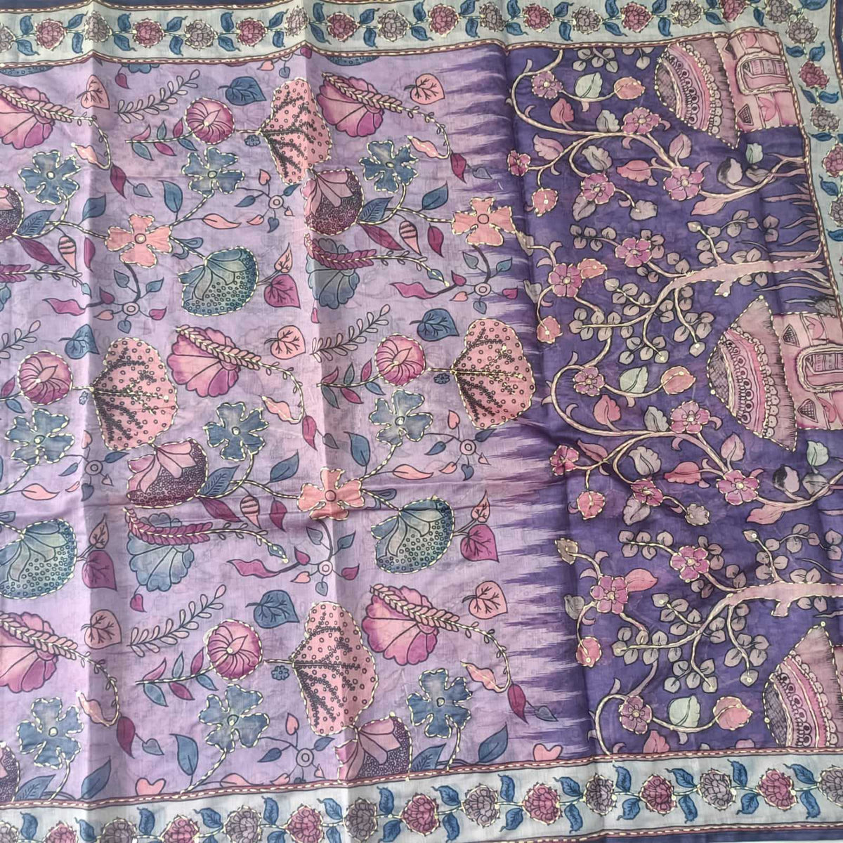 PURPLE CHANDERI PRINTED & EMBROIDERED SUIT WITH KANTHA WORK CHANDERI DUPATTA