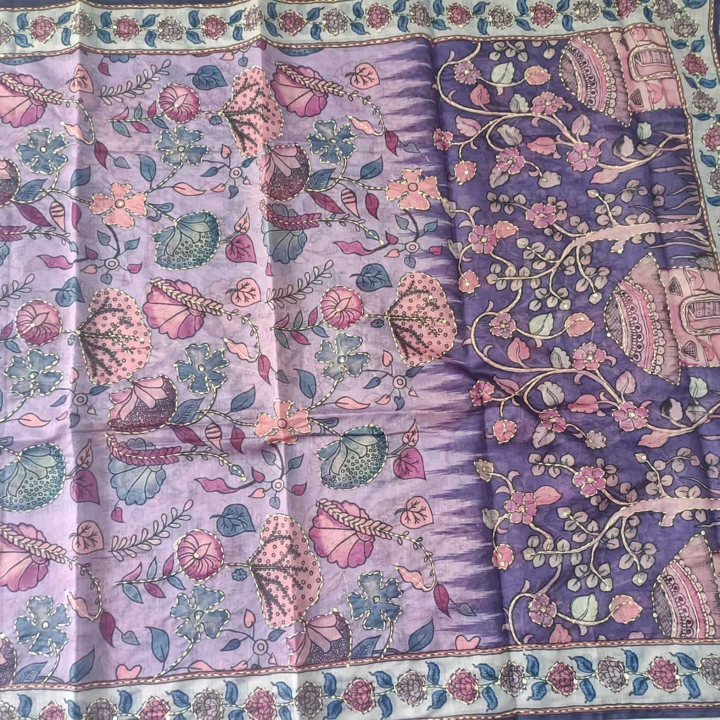 PURPLE CHANDERI PRINTED & EMBROIDERED SUIT WITH KANTHA WORK CHANDERI DUPATTA