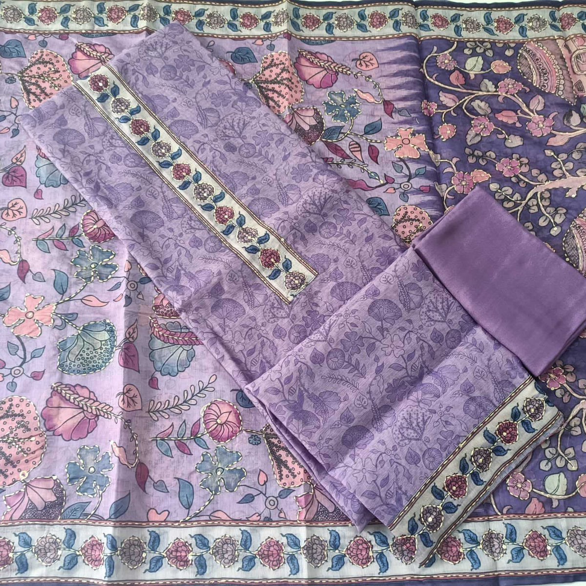 PURPLE CHANDERI PRINTED & EMBROIDERED SUIT WITH KANTHA WORK CHANDERI DUPATTA