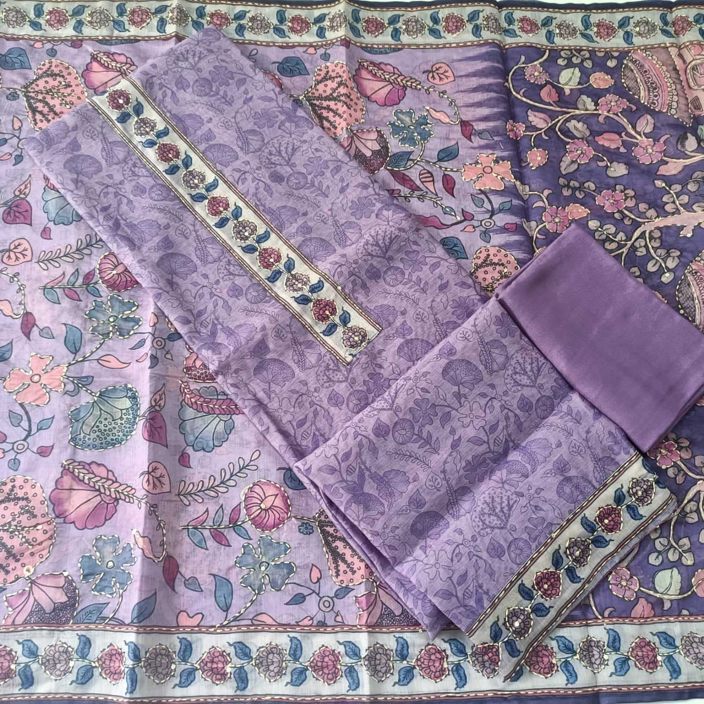 PURPLE CHANDERI PRINTED & EMBROIDERED SUIT WITH KANTHA WORK CHANDERI DUPATTA