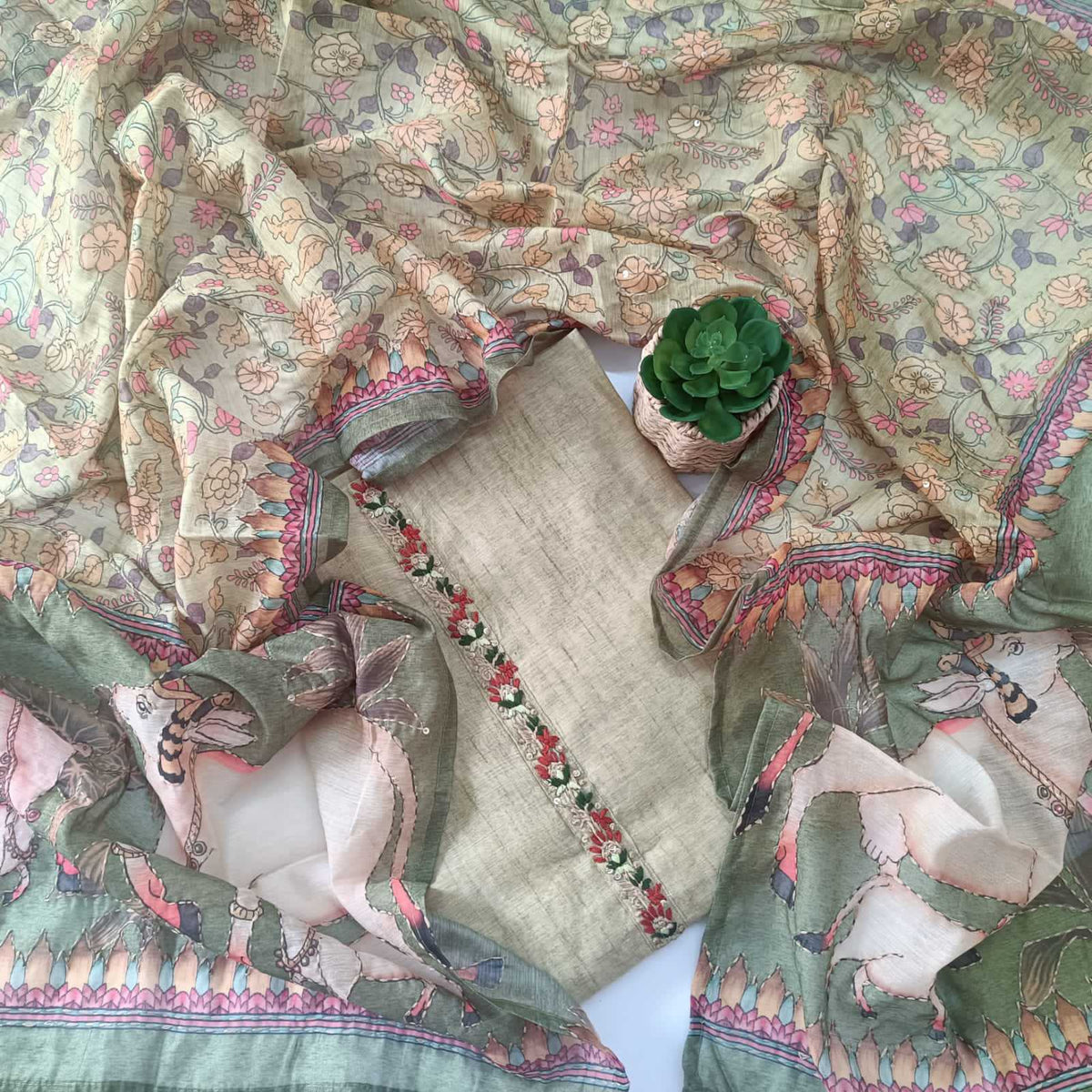 GREEN CHANDERI PRINTED & EMBROIDERED SUIT WITH KANTHA CHANDERI DUPATTA