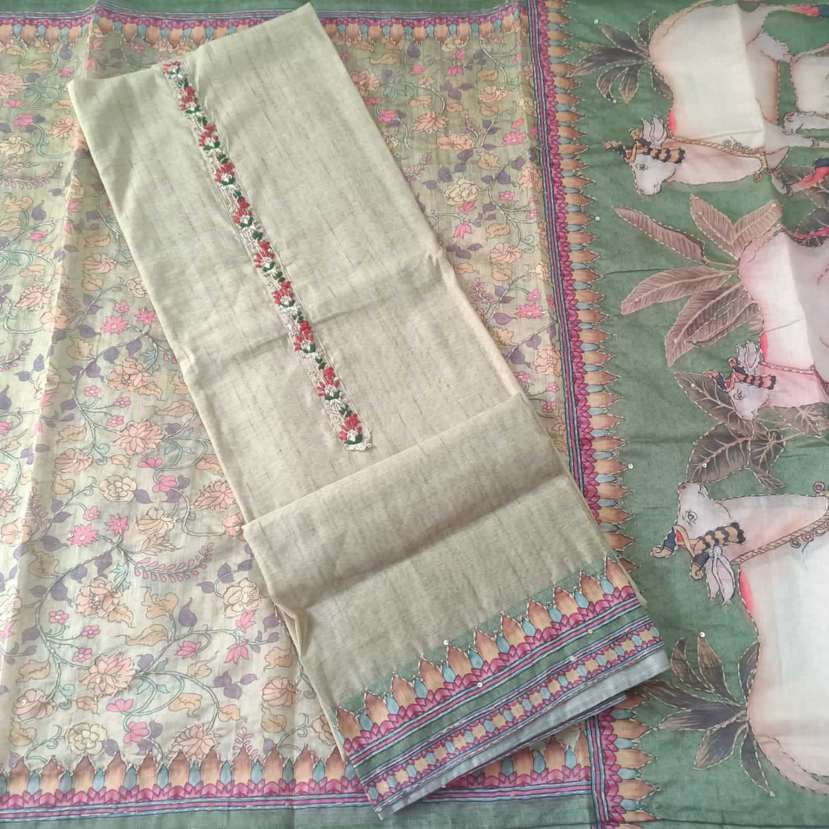 GREEN CHANDERI PRINTED & EMBROIDERED SUIT WITH KANTHA CHANDERI DUPATTA