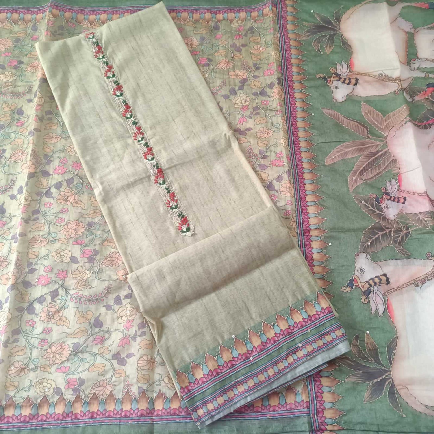 GREEN CHANDERI PRINTED & EMBROIDERED SUIT WITH KANTHA CHANDERI DUPATTA